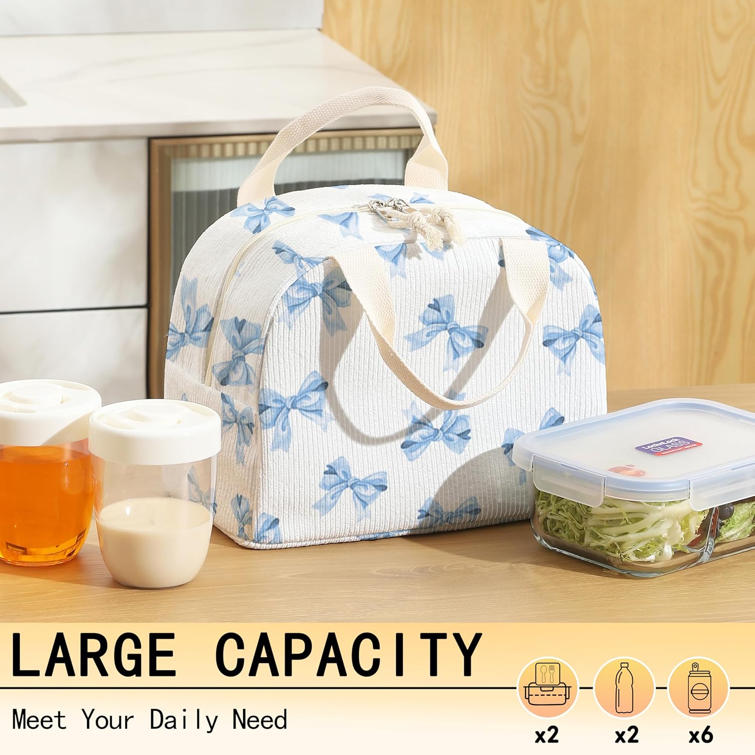 lunch bag for women,bento box adult for work,insulated lunchbox cooler containers,leakproof corduroy lunchbag,lunch tote for school college offices,outdoor picnic travel (Blue Bow Tie) - Image 5