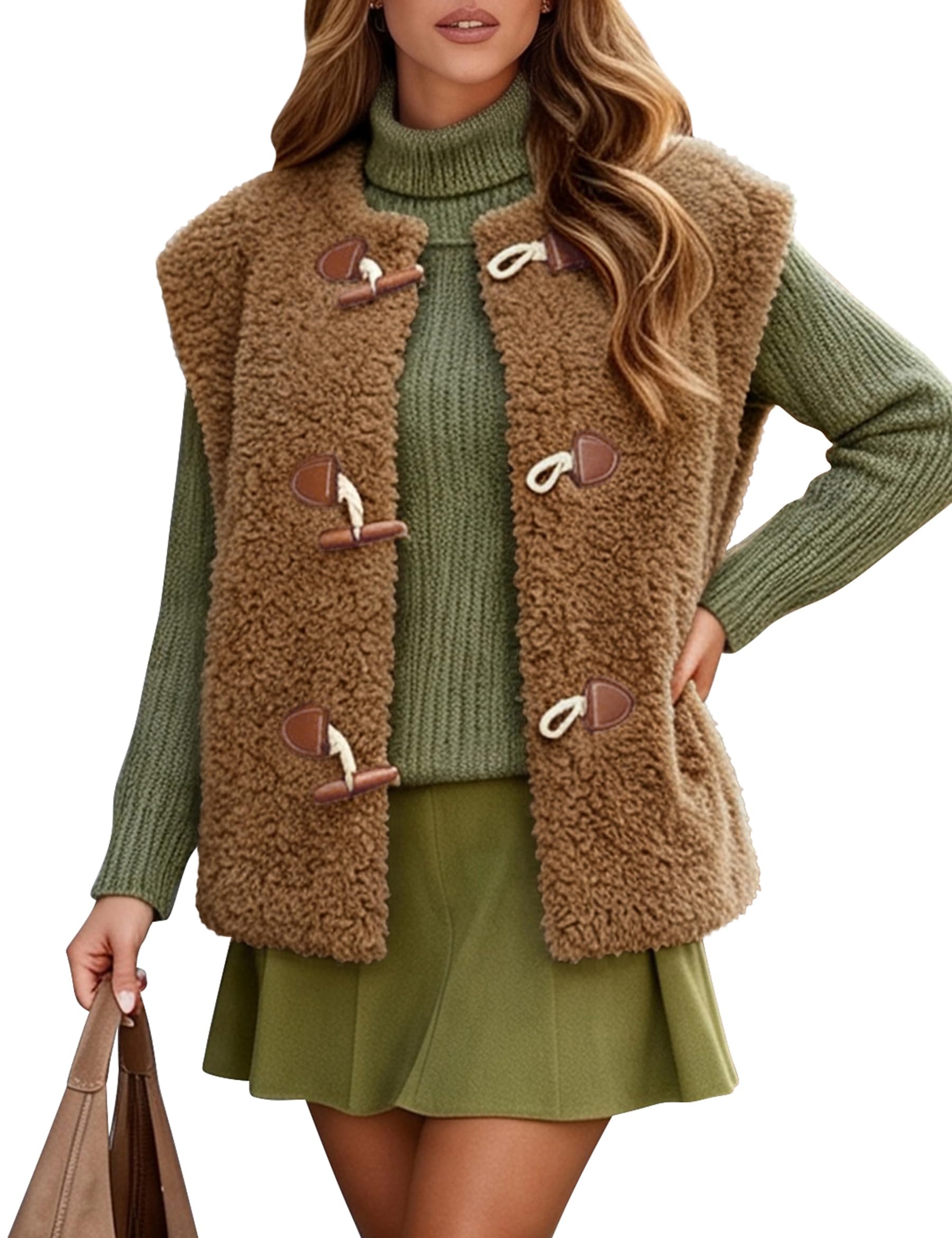 Gilet in pile da donna, con colletto soffice, senza maniche, con tasche