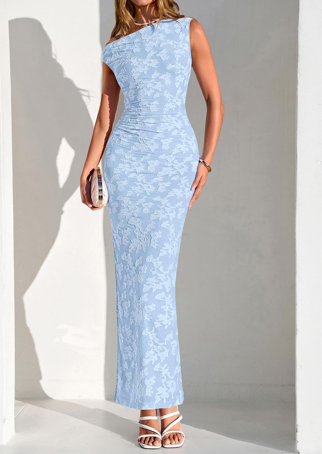 PRETTYGARDEN Womens Floral One Shoulder Maxi Dress 2026 Summer Spring Bodycon Ruched Side Slit Elegant Cocktail Party Dresses