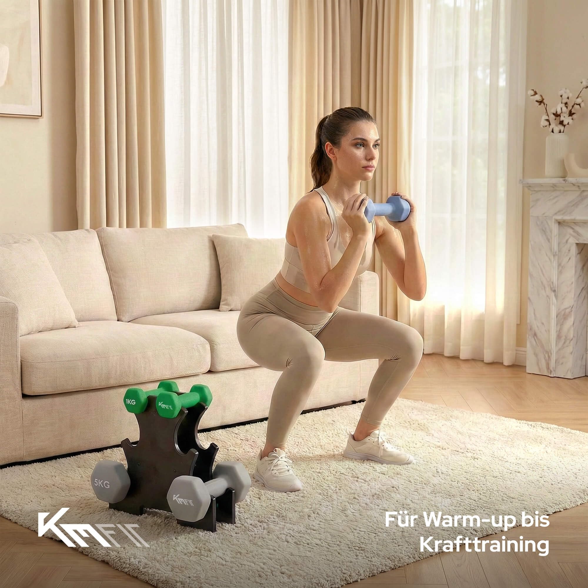 KM-Fit Hantelset 18 kg mit Ständer | Neopren Kurzhanteln 1–5 kg | Gusseisen, ergonomischer Griff, rollsicher | Fitness & Krafttraining für Home Gym