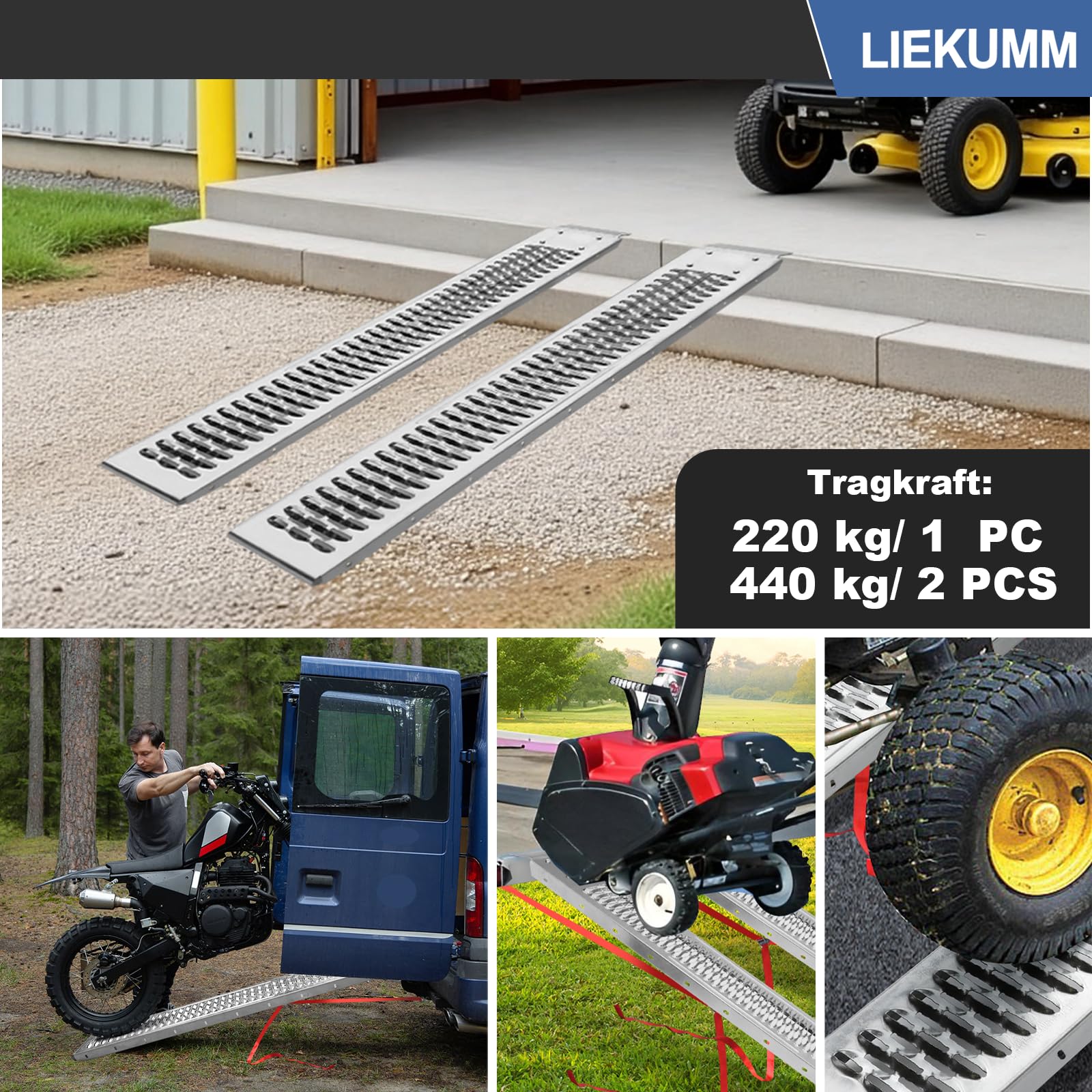 LIEKUMM 2 rampe di carico da 153 x 22,5 cm, portata 440 kg, per moto | Rampa di carico in acciaio per rimorchi, auto, garage, moto elettriche, ATV, officina, magazzino, moto