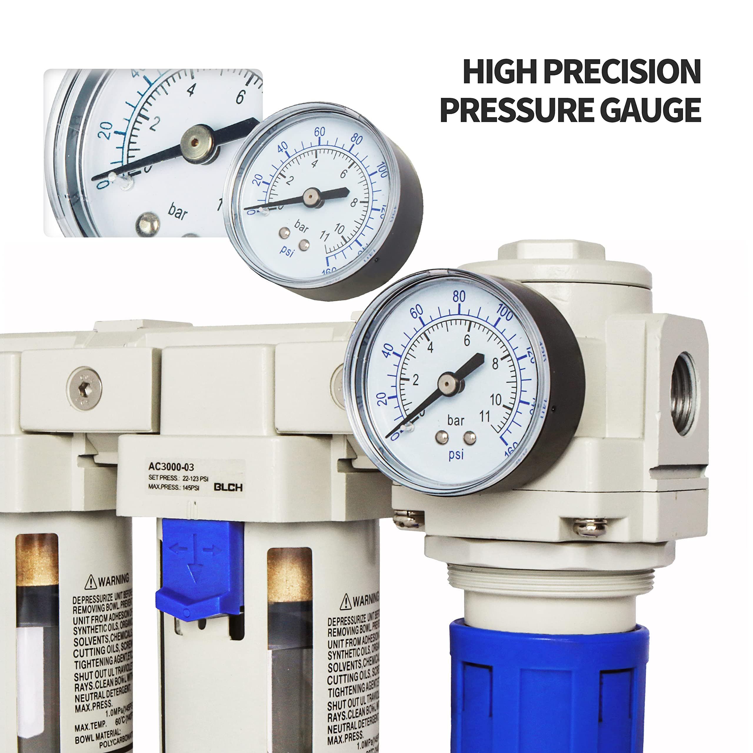 BLCH 3/8" BSP Kompressorfilter - 2-Stufiger Drucklufttrockner mit Regler AC3000-03 mit Halbautomatischem Ablass, PC-Behälter und Messing-Manometer (0-160 PSI/11 Bar)