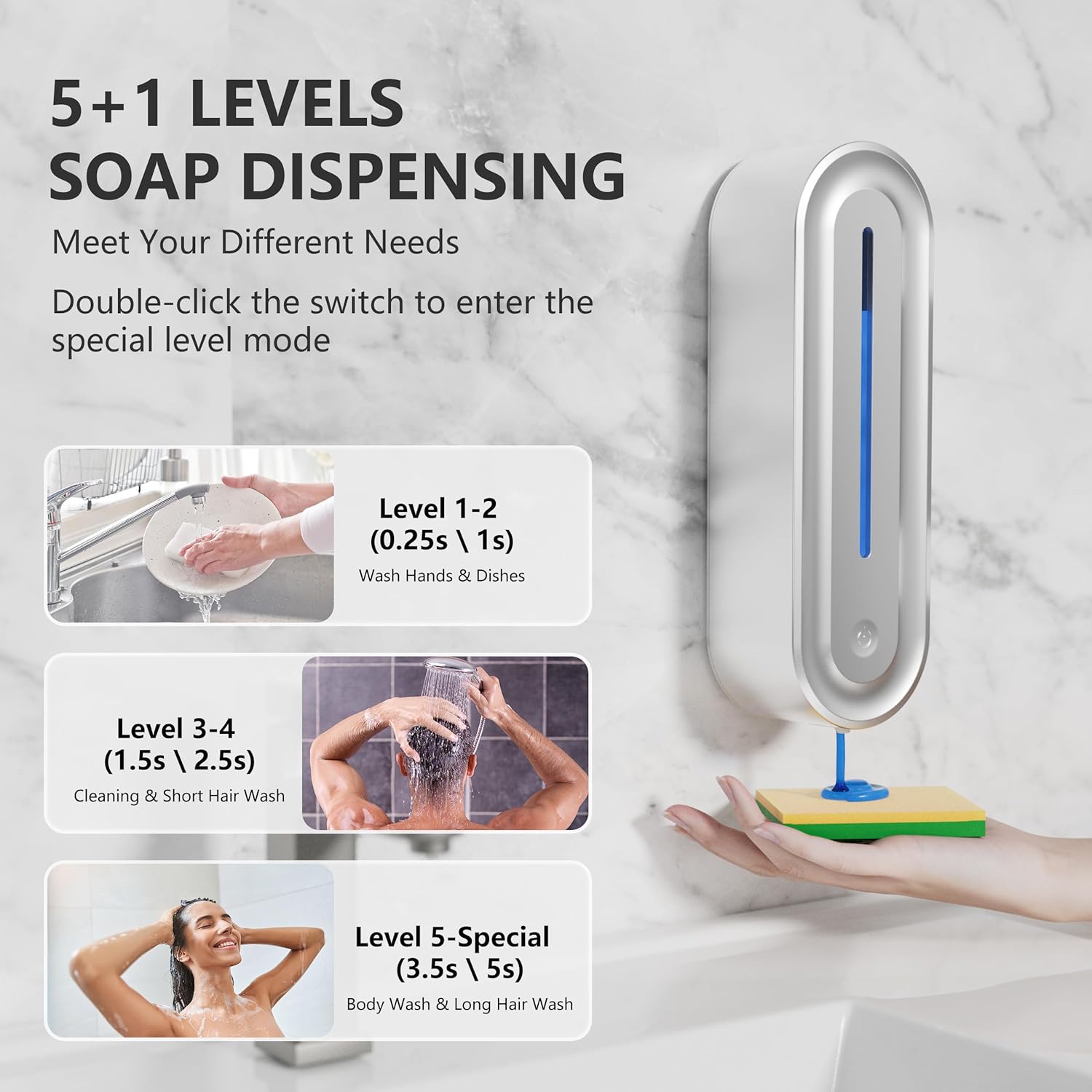 Adjustable Automatic Soap Dispenser 6 Levels Touchless Wall Mount Shower Soap Dispenser, 13.5oz Rechargeable Sensor ABS Shampoo and Conditioner Dispenser for Bathroom Kitchen Commercial Hotel