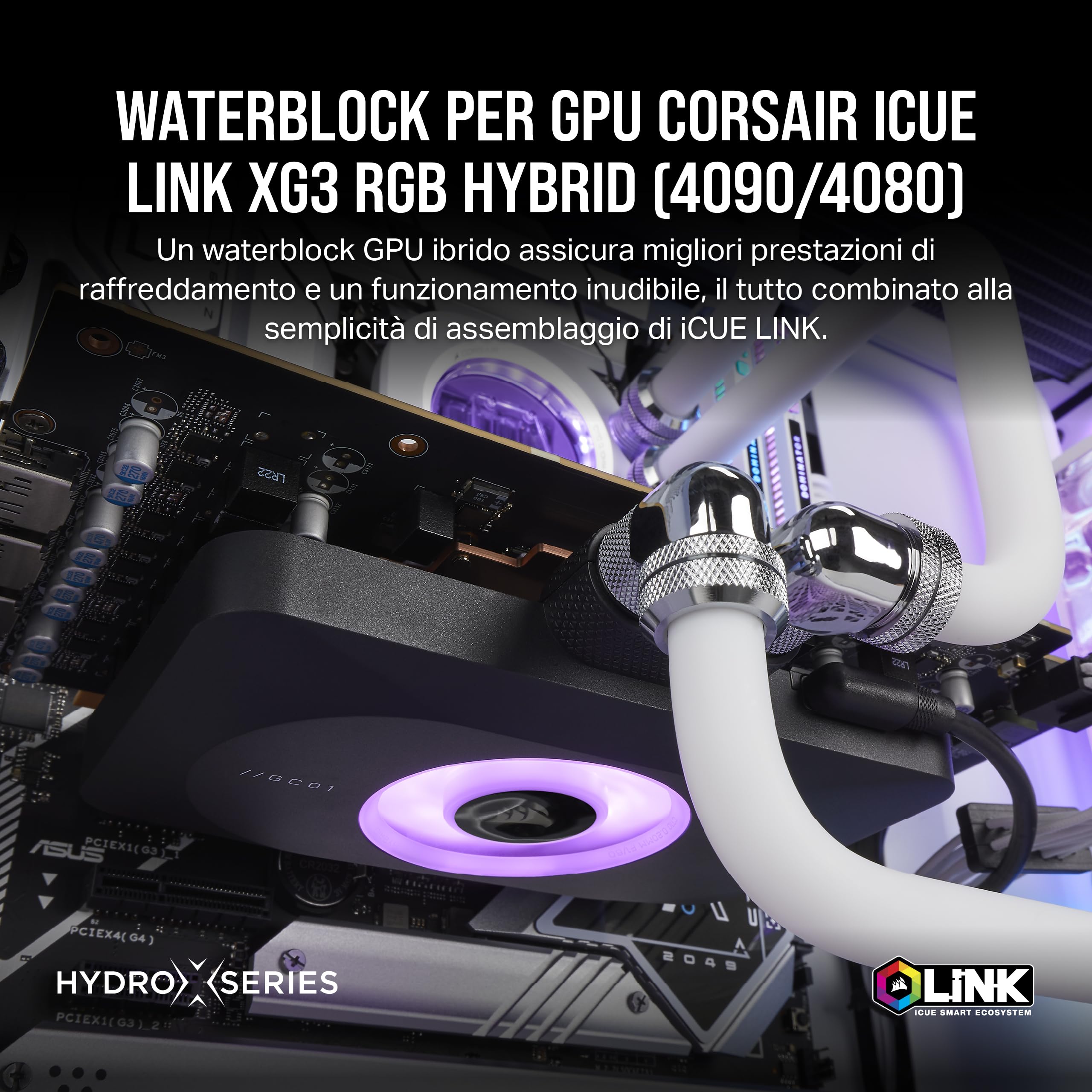 CORSAIR iCUE LINK XG3 RGB Hybrid Waterblock per GPU - Sistema di Raffreddamento Ibrido Personalizzato - Compatibilità con RTX 4090, 4080, 3090 Ti, 3090, 3080 Ti, 3080 - Nero