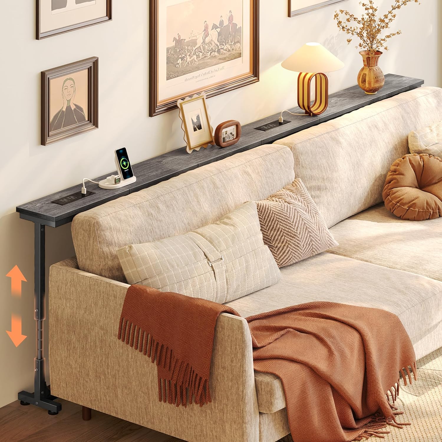 Huuger 78.7 Inch Behind Couch Table with Power Outlets, 23.9’’-34.4’’ Height Adjustable Range, Sofa Tables Narrow Long with USB-C Ports, Skinny Console Table, for Small Spaces, Grey