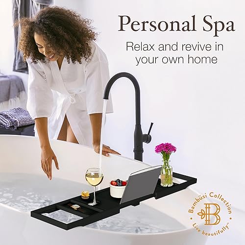 Miniatura 19 de Bambüsi Mesa de bandeja de bañera, plegable y ajustable, bandeja de bañera de bambú plegable, accesorios de bañera de madera, regalos únicos