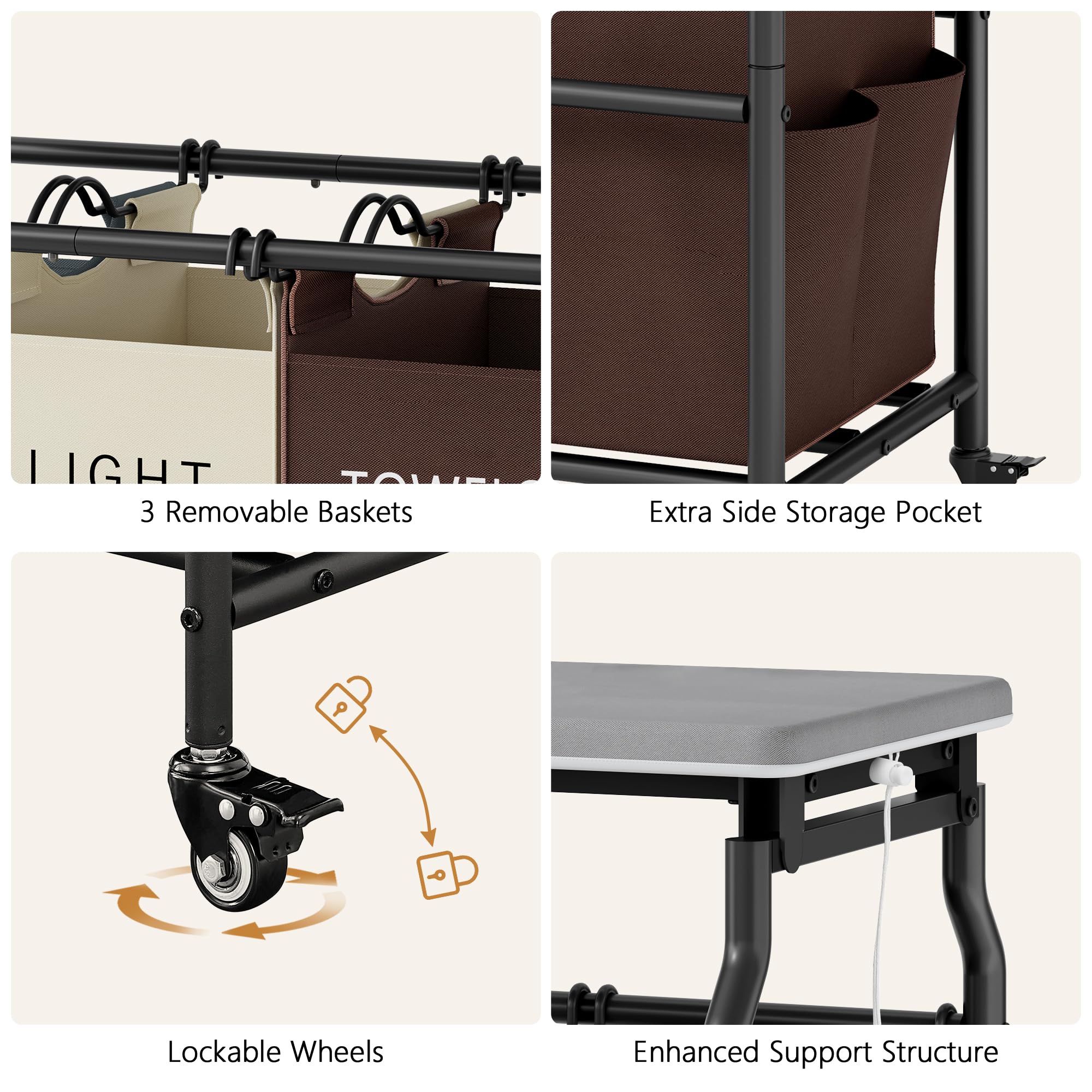 Hoctieon Clasificador de ropa sucia de 3 secciones con tabla de conexión, cesta con ruedas | Con tabla de planchar, cesta con estante y ruedas, organizador de ropa resistente, separador de ropa grande