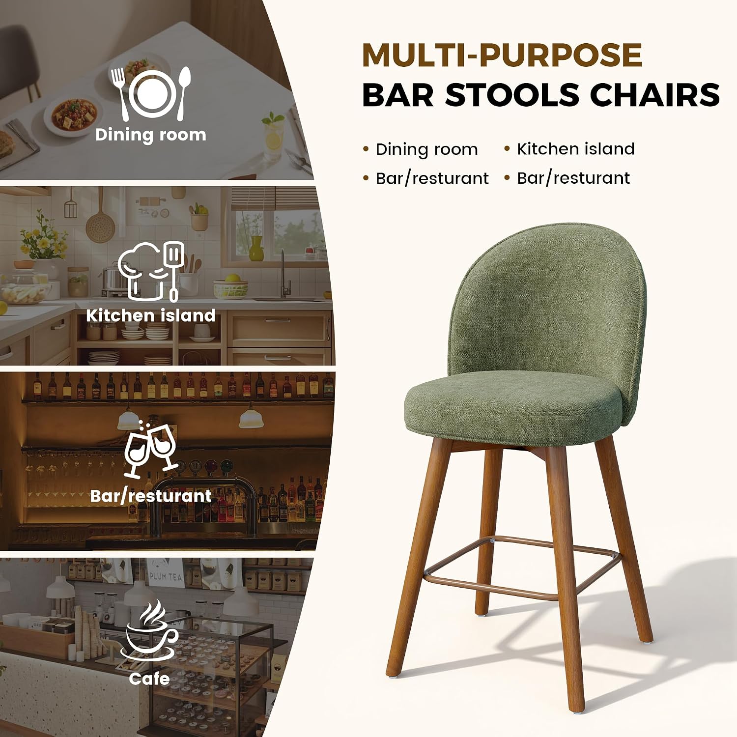 Modern Swivel Bar Stools Set of 3, Chic Upholstered Counter Height（26IN） Bar Chair with Back, Solid Wood Legs and Footrest, Comfortable Chenille Bar Stool for Kitchen Island, Soft Green