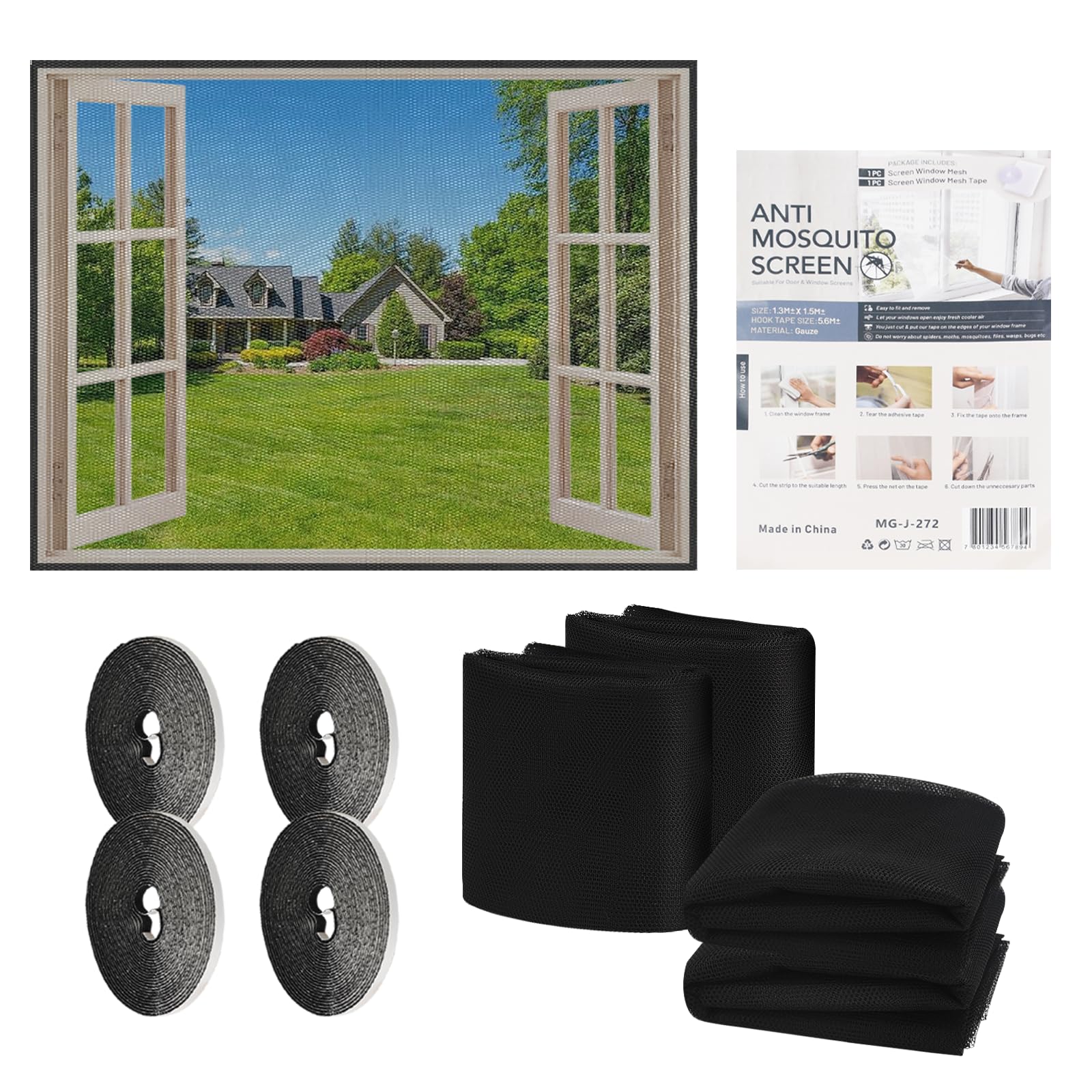 4 Pack Fly Screen for Windows, Self-Adhesive Mosquito Net 130x150 cm, DIY Cut to Size Window Mesh, Removable Insect Netting for Bugs, Flies & Mosquitoes – Keep Cool & Pest-Free in Summer (Black)