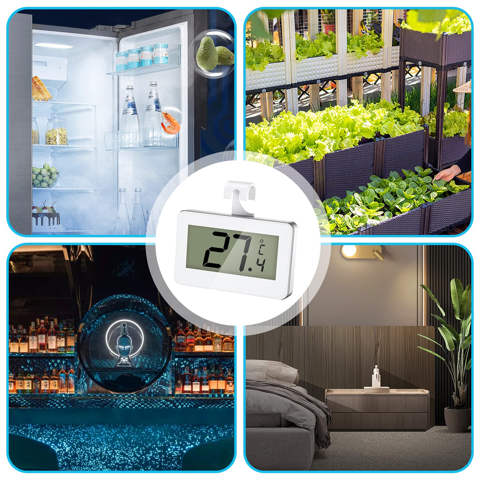 Lot de 4 thermomètres de réfrigérateur numériques avec écran LCD, thermomètre avec alarme de gel, thermomètre de congélateur, parfait pour la cuisine, les restaurants, la maison
