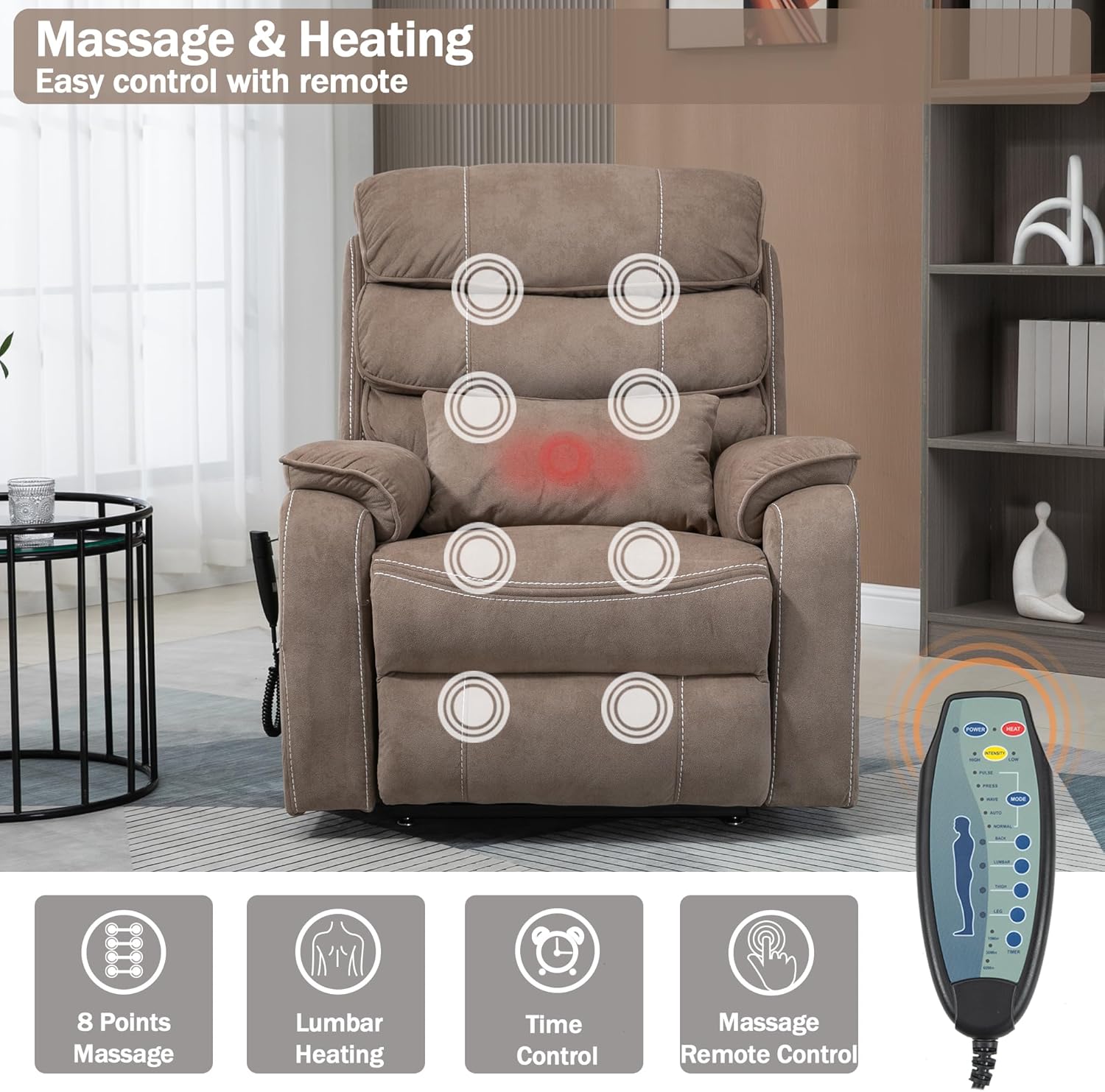 JIKFRIMA Power Lift Recliner Chair for Adults Elderly Lay Flat Velvet Recliners with Massage Heating, Extended Footrest, Wireless Charging Device, USB Ports, Cup Holder, Lumbar Pillow