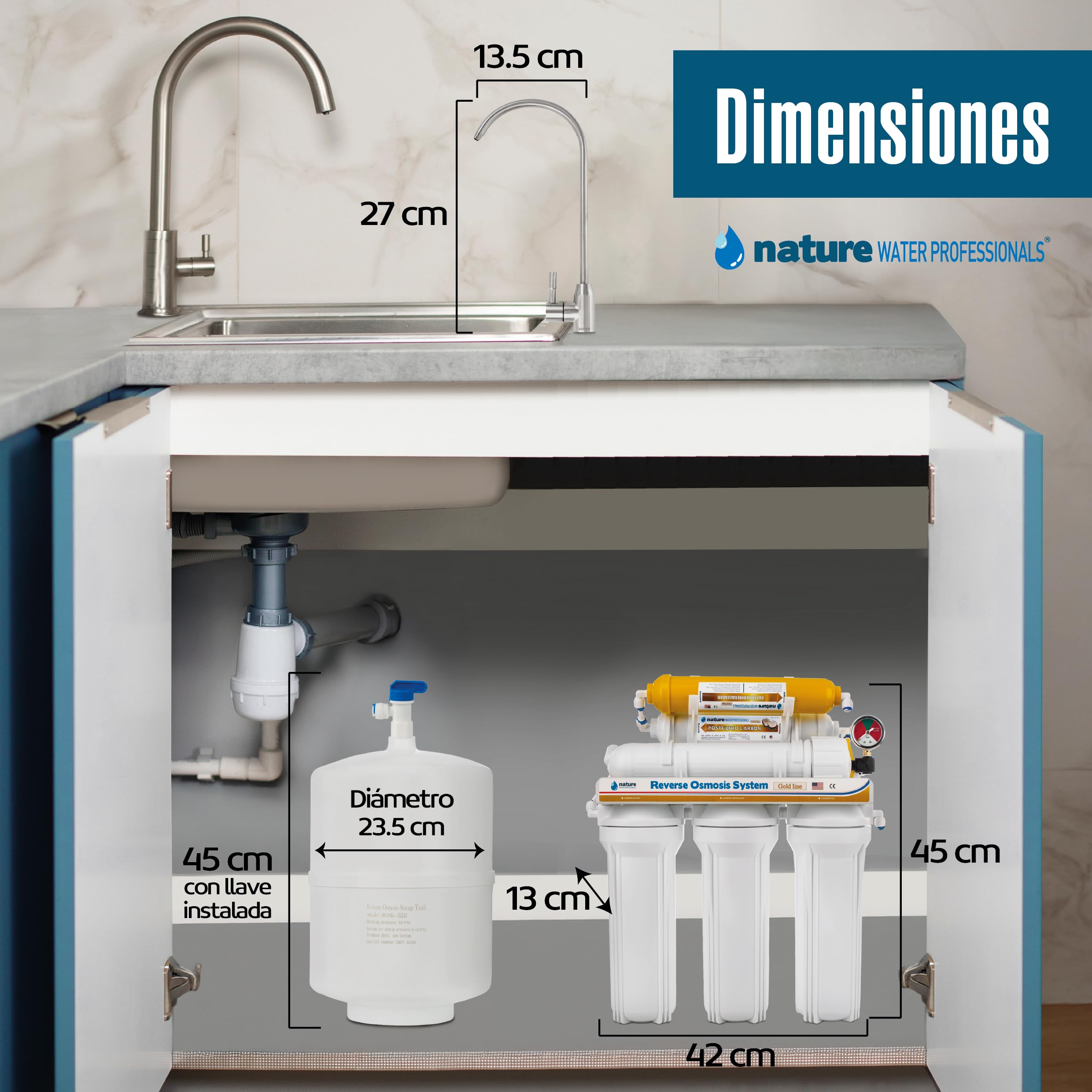 NATURE WATER PROFESSIONALS Equipo de Osmosis Inversa - Kit para Osmosis de 6 Etapas - Capacidad para 5 L - Incluye Membrana Vontron de 50GPD, Deposito y Filtros