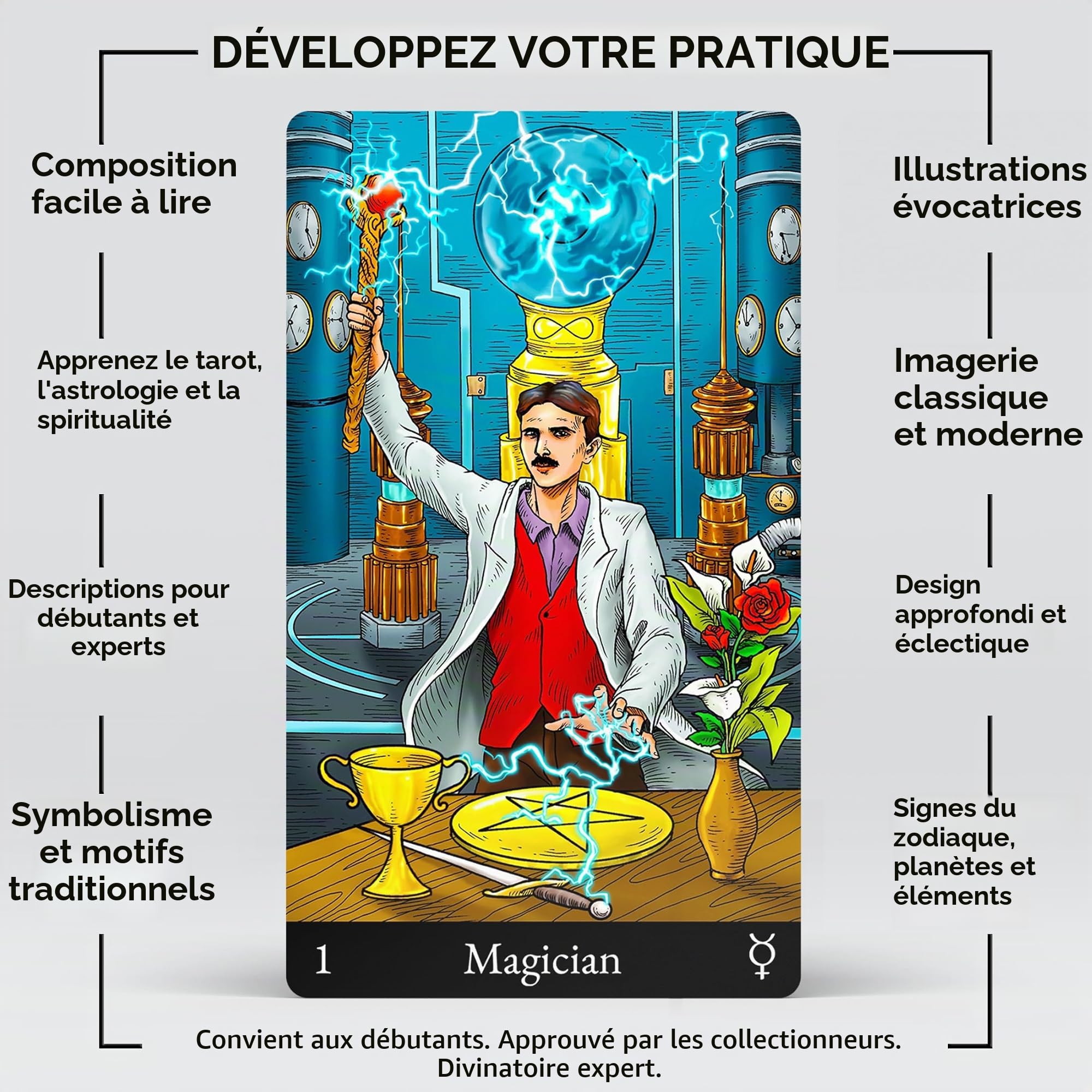 Jeu de tarot avec guide complet (français non garanti), symbolisme moderne et interprétations numériques améliorées pour tous les niveaux