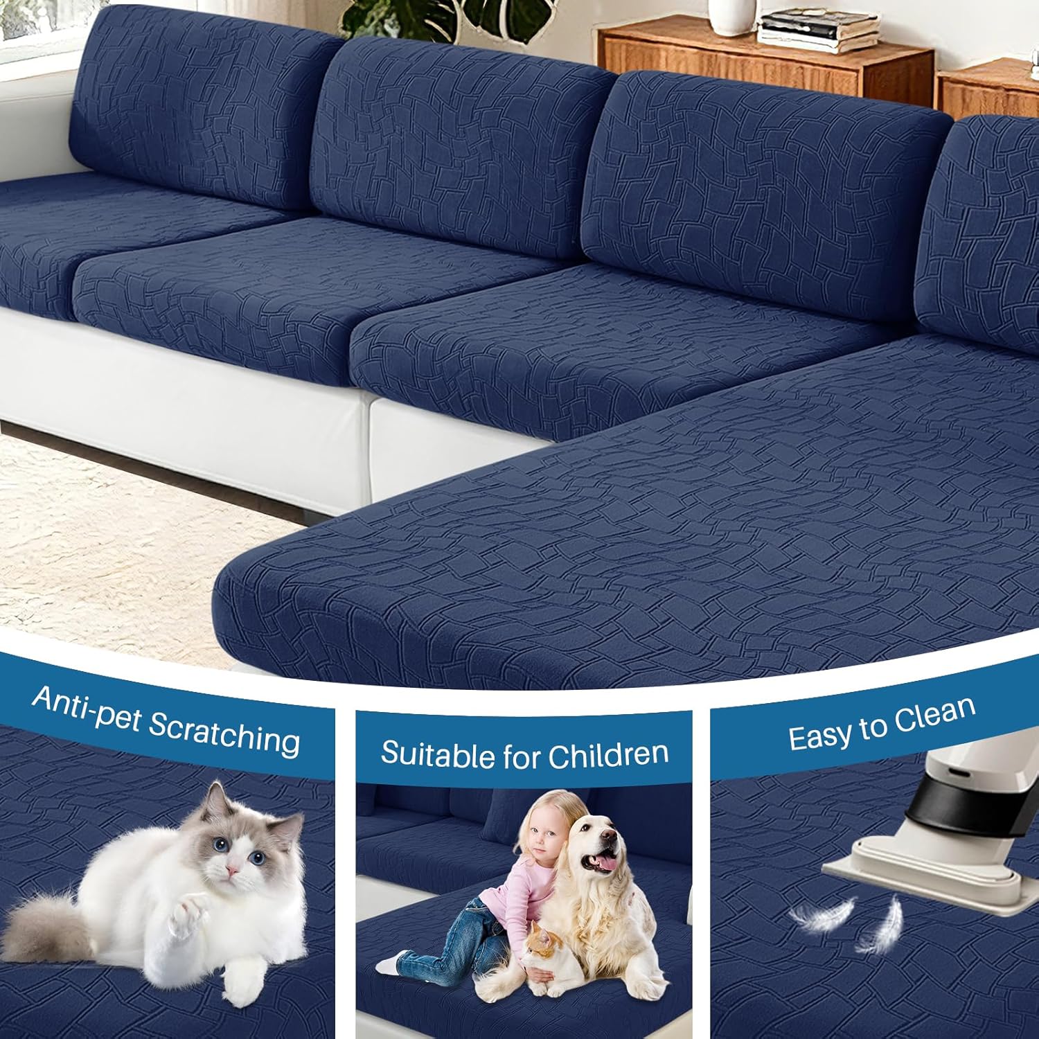 MAXIJIN Waterproof Couch Cushion Covers Individual Love Seat Cushion Cover Stretch Sectional Sofa Slipcovers with Elastic Bottom for Dogs Pets (1 Piece for Loveseat, Navy Blue)