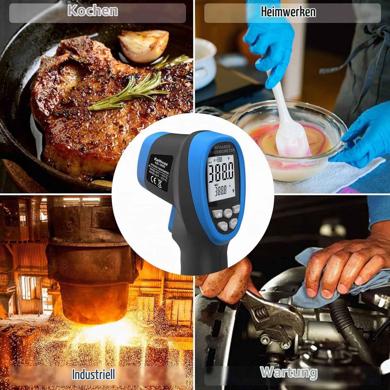 Kethvoz Digitale Infrarot Laser Thermometer -50℃ bis 1800℃, Genauigkeit ±3% | Digital IR-Pyrometer, Berührungsloses Temperaturmessgerät D:S=50:1, Einstellbare Emissivität, für Küche Industrie