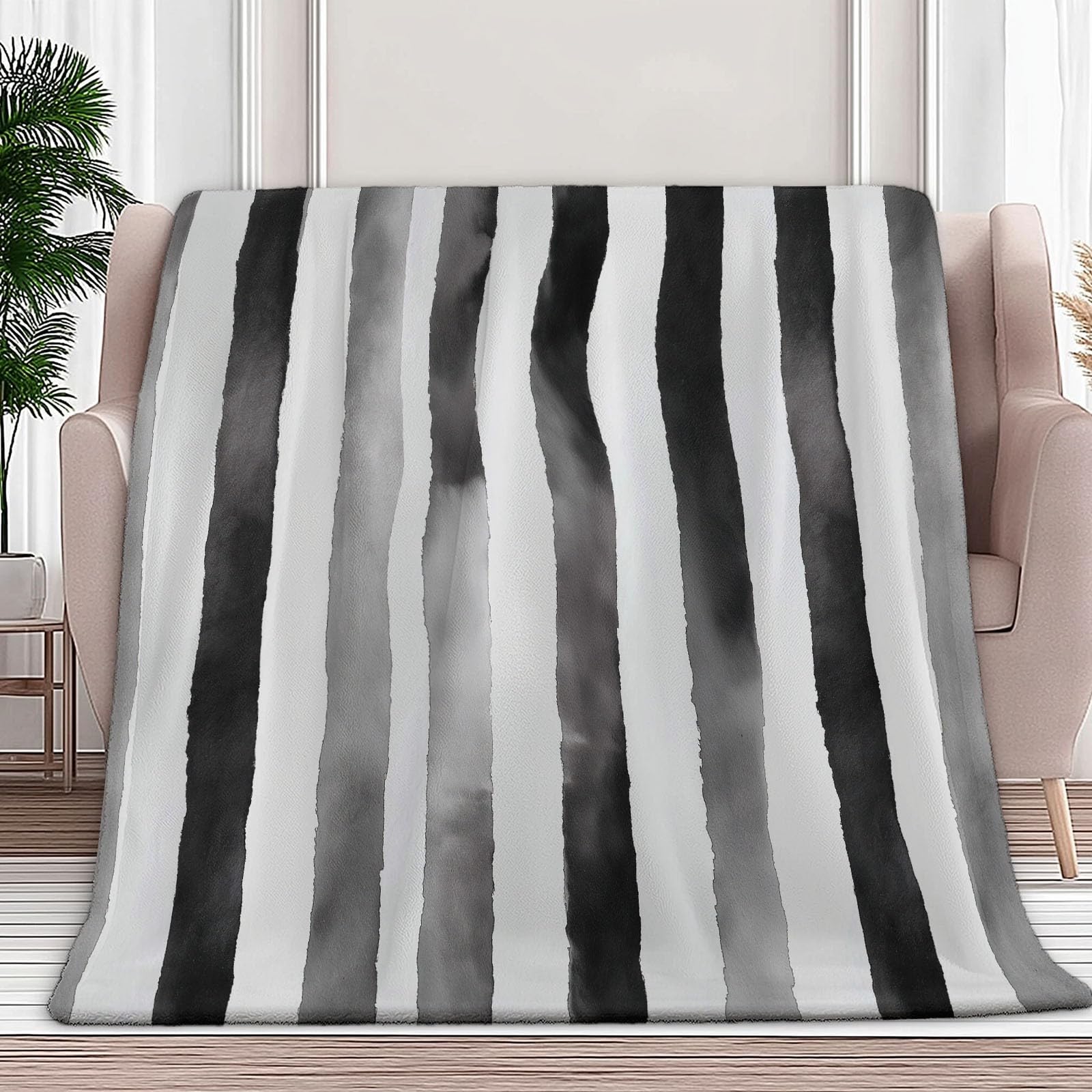 Manta para Sofá, Invierno Verano Manta Polar Rayas Verticales Simples Y Abstractas Cálida Mullida Super Caliente Ligera Mantas Cama para Adulto y Niño Sala de Estar, Blanco Negro, 200x200 cm