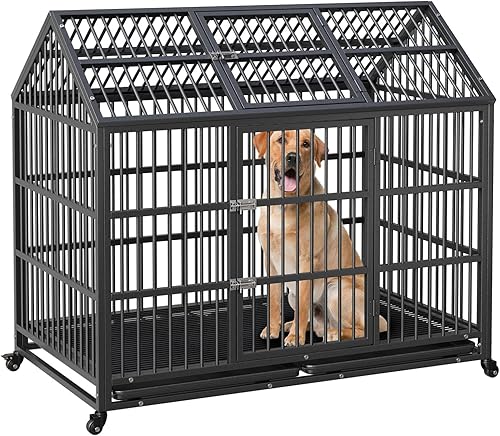 Miniatura 8 de Jaula resistente para perros, jaula para perros de 52 pulgadas con doble puerta, ruedas con bloqueo de 360 y bandeja extraíble, fácil de montar,