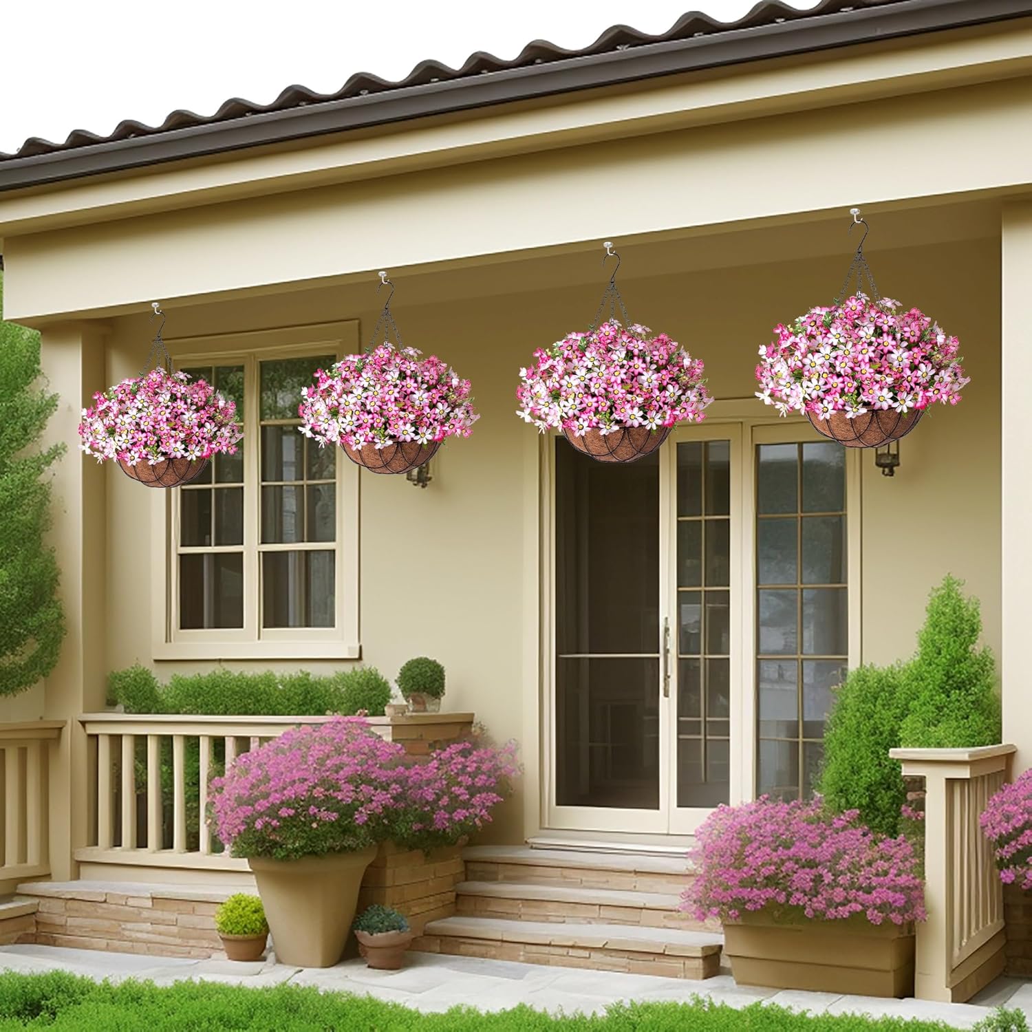 INXUGAO Artificial Silk Flowers Hanging Baskets Outdoors Indoors,Chrysanthemum with Eucalyptus Leaves Arrangement for Garden Yard Spring Summer Decor,Faux Plant in Metal Coconut Lining Flowerpot(Pink)