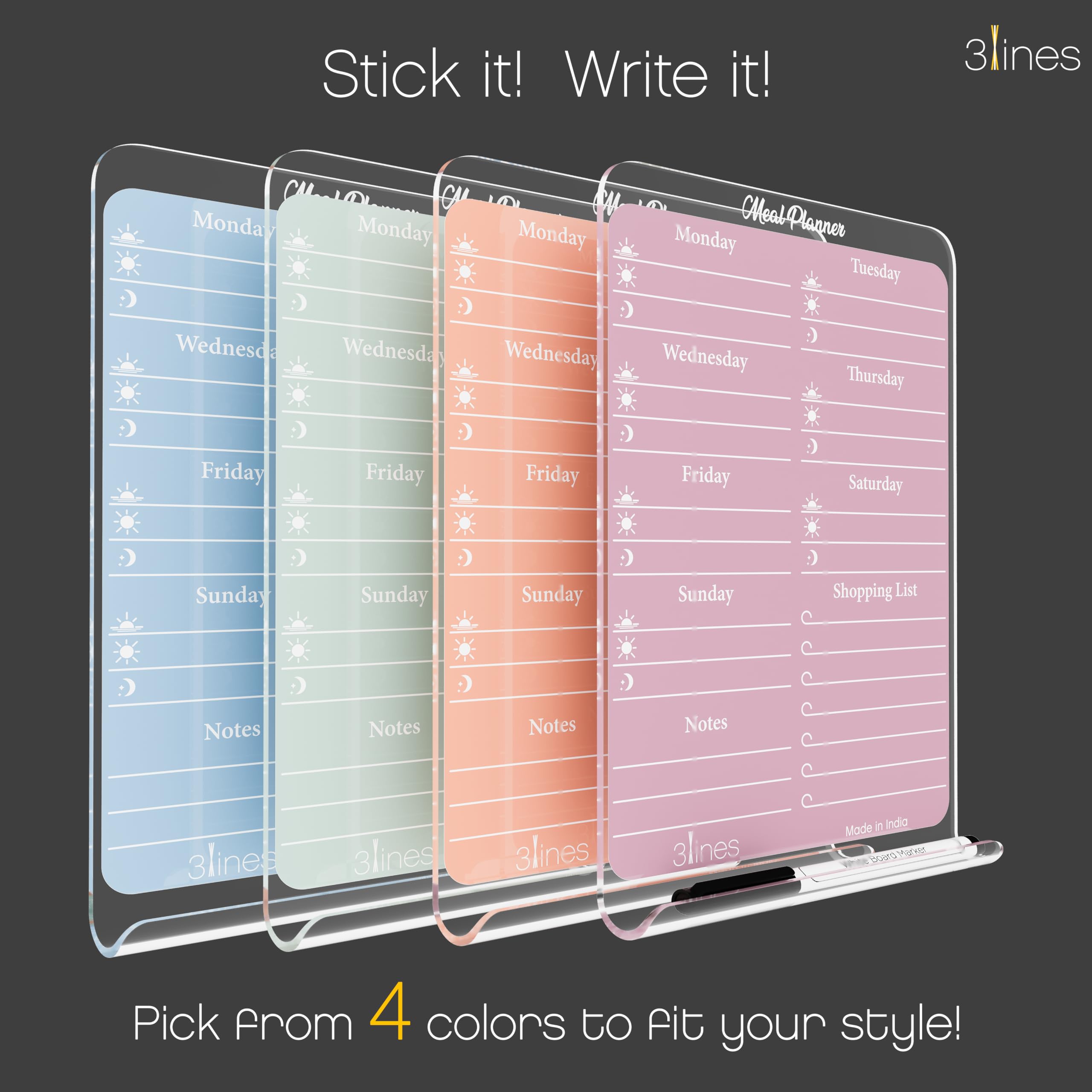 3 Lines ClearBite Acrylic Magnetic Meal Planner Board | Sleek & Durable | Includes Marker & Duster | 24x16 CM | Perfect for Meal Planning, Shopping Lists, Notes | Ideal for Home, Office | Apricot 1