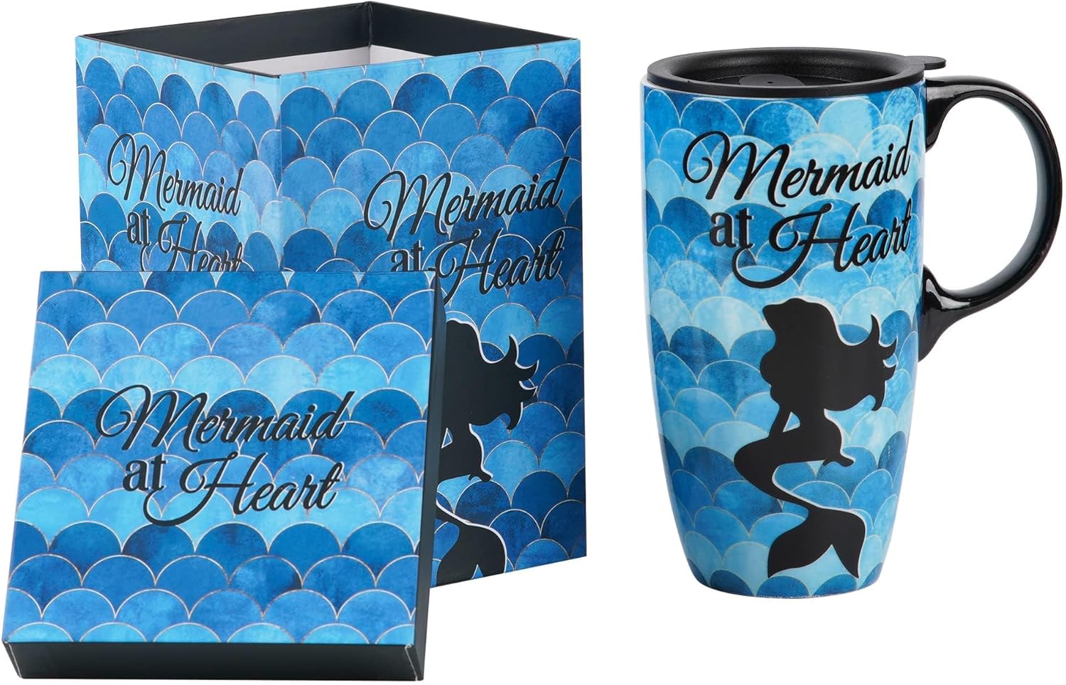 Coffee Ceramic Mug Porcelain Latte Tea Cup With Lid in Present Box 17oz,Novelty Coffee Mugs for Men Women Office & Home Mermaid