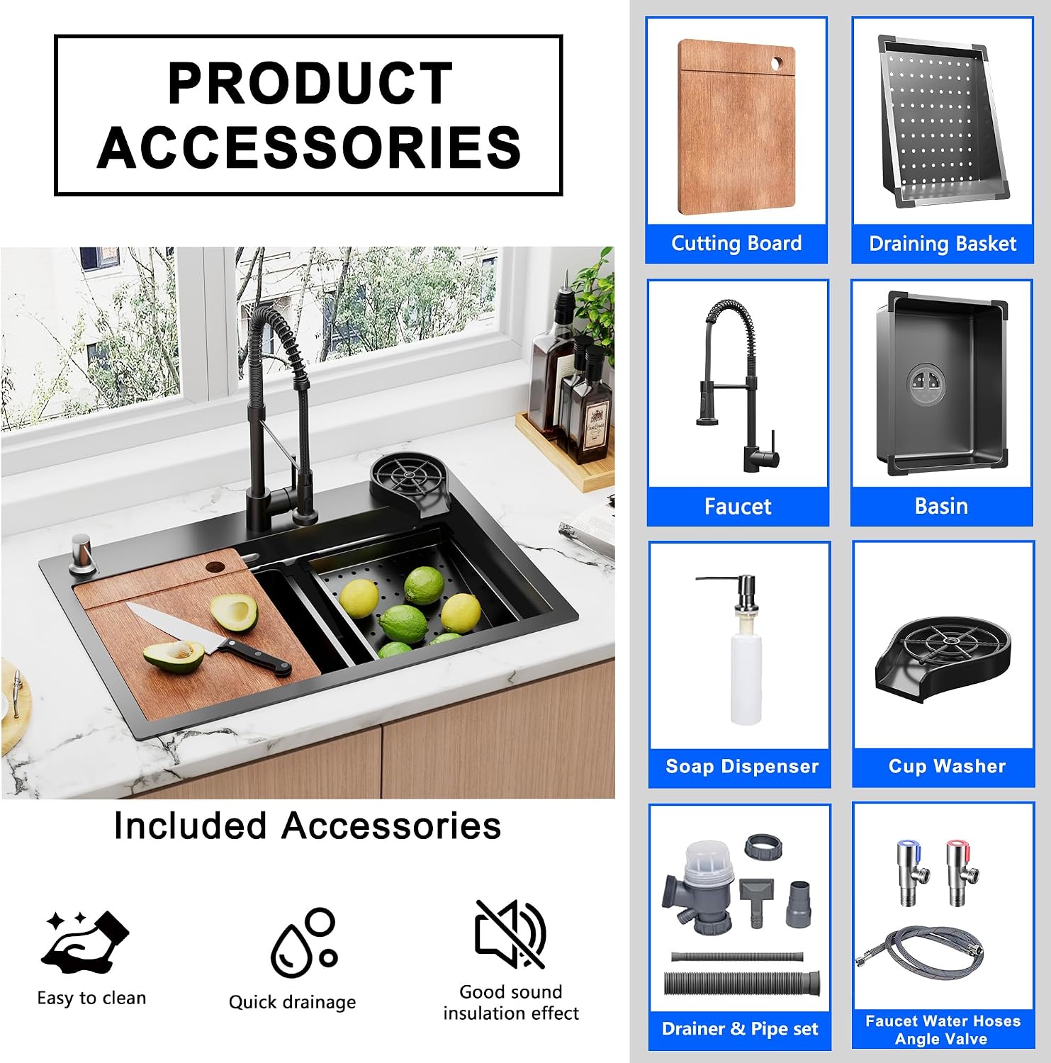 29.5 x 17.7 inch Kitchen Sink, Single Bowl Stainless Steel Gunmetal Black Topmount Multifunctional Drop In Sink with Pull-Down Faucet and Multiple Accessories (Shallow Black)