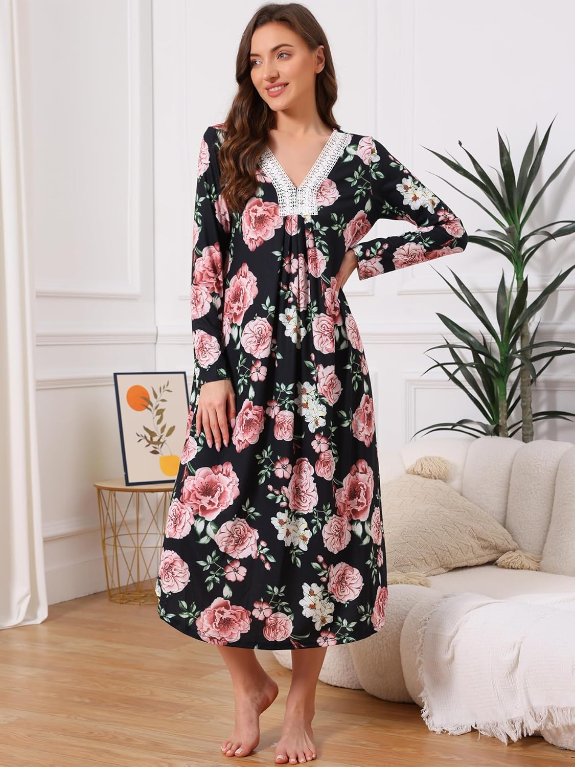 cheibear Womens Moomoo Nightgowns Winter Sleepwear Floral Long Sleeves Nighshirts Mumu Lounge Dress - Image 3