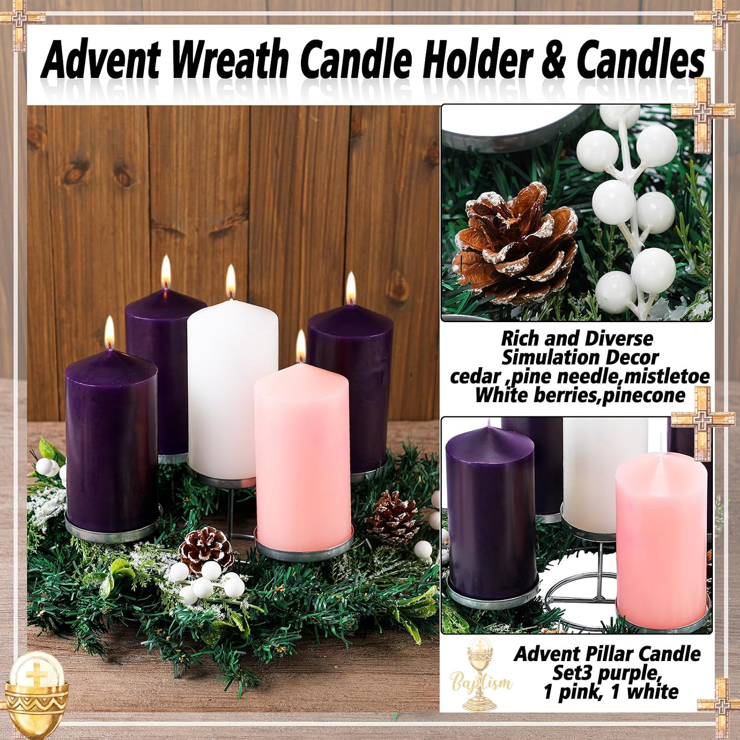 Knitgrip 7 Pcs Christmas Advent Wreath Set with 3x6'' Pillar Candles Rustic Advent Wreath Candleholder and Pillar Candles Unscented Christmas Centerpiece Table Decor for Holiday Church Home (Silver)