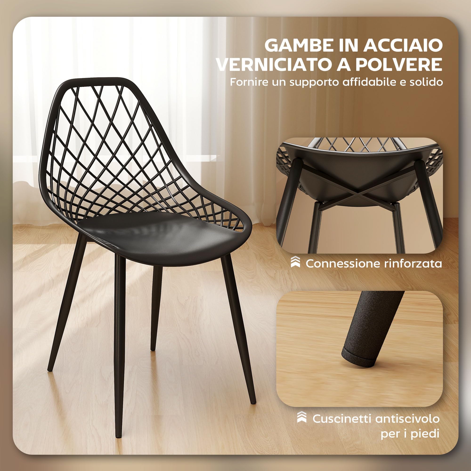 HOMCOM Set di 4 Sedie Sala da Pranzo con Schienale Curvo e Traforato Nero | Sedie Cucina Moderne, Gambe Metallo, Plastica, Cucina Camera Letto Soggiorno