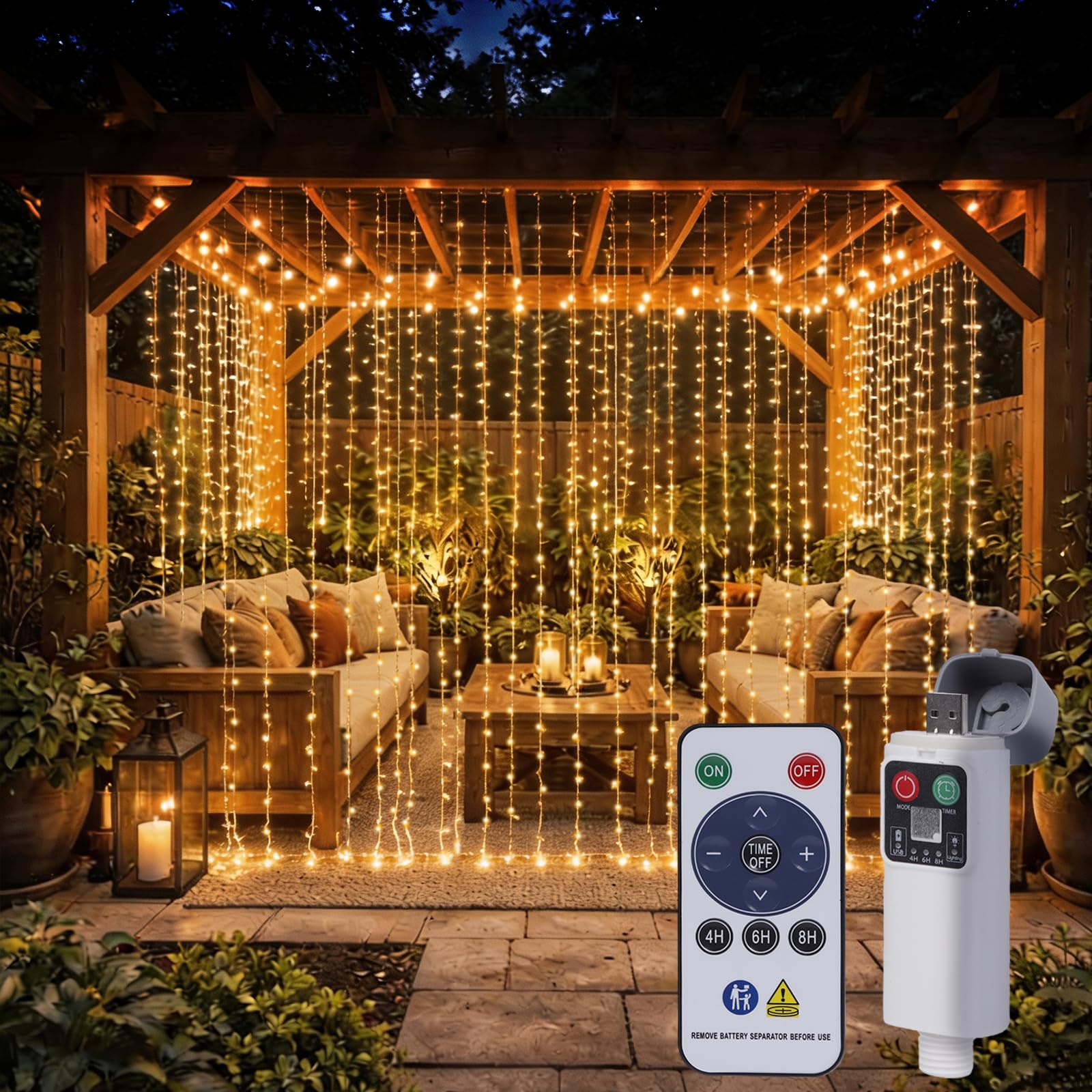 Electight 3x3m Rechargeable Curtain String Lights, 8 Modes Remote Control, 800mAh Battery, 300 Warm Yellow LEDs, IP44 Waterproof for Bedroom/Wedding/Party Wall Decor