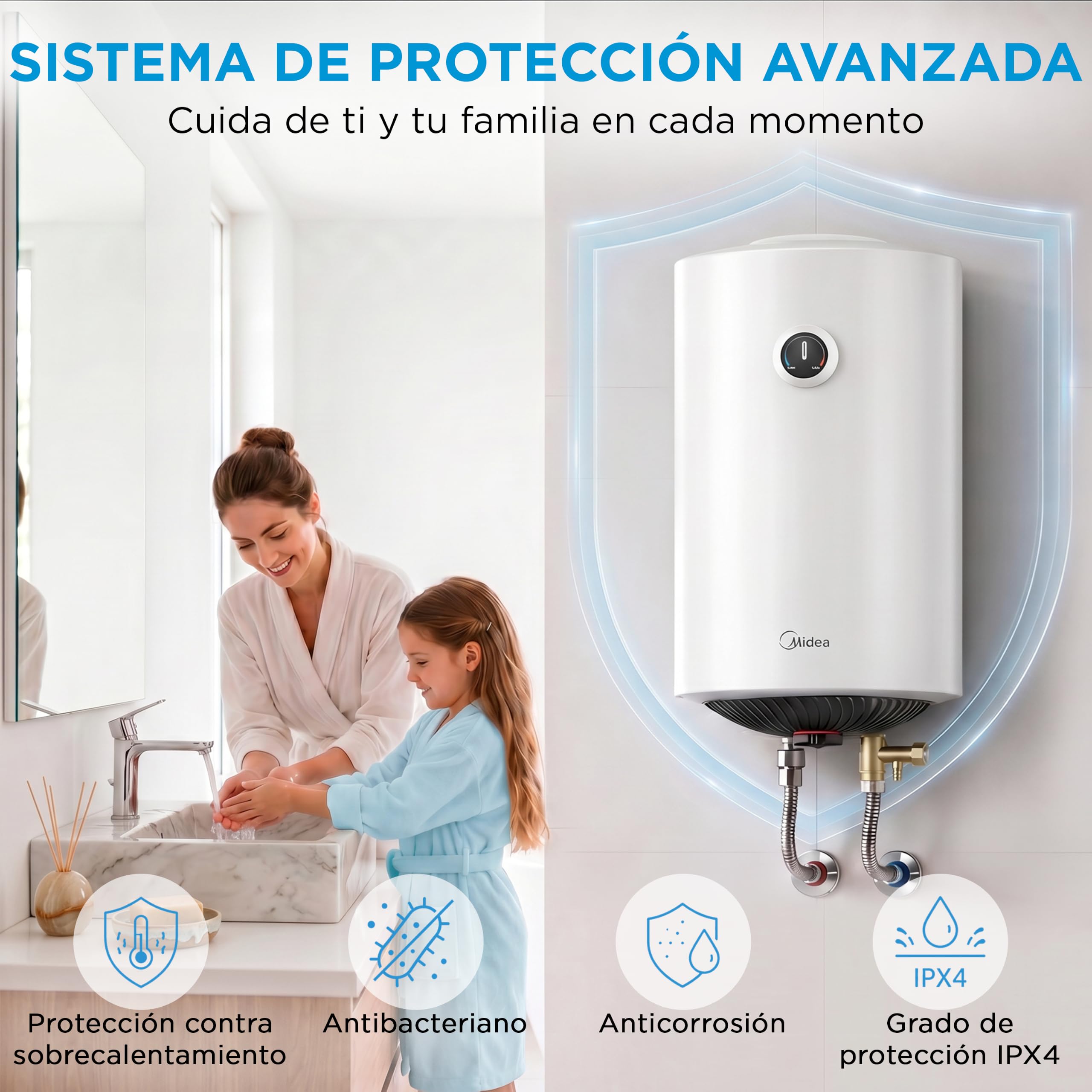 MIDEA Termo Eléctrico 80 litros, 1500 W, 80,5 x 45 cm, Depósito de Titanio | Termostato Ajustable, Kit Instalación, Anticorrosión, Calentador de Agua Eléctrico Vertical con Protección Sobrecalentamiento