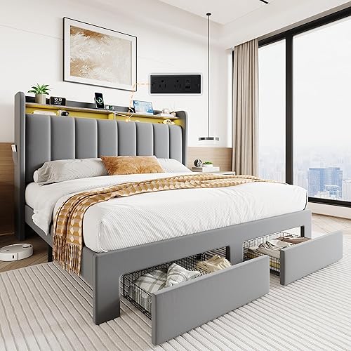 Miniatura 13 de SHA CERLIN Base de cama de terciopelo tamaño Queen con cabecera capitonada de canal vertical y 2 cajones de almacenamiento, estantes de 2 niveles