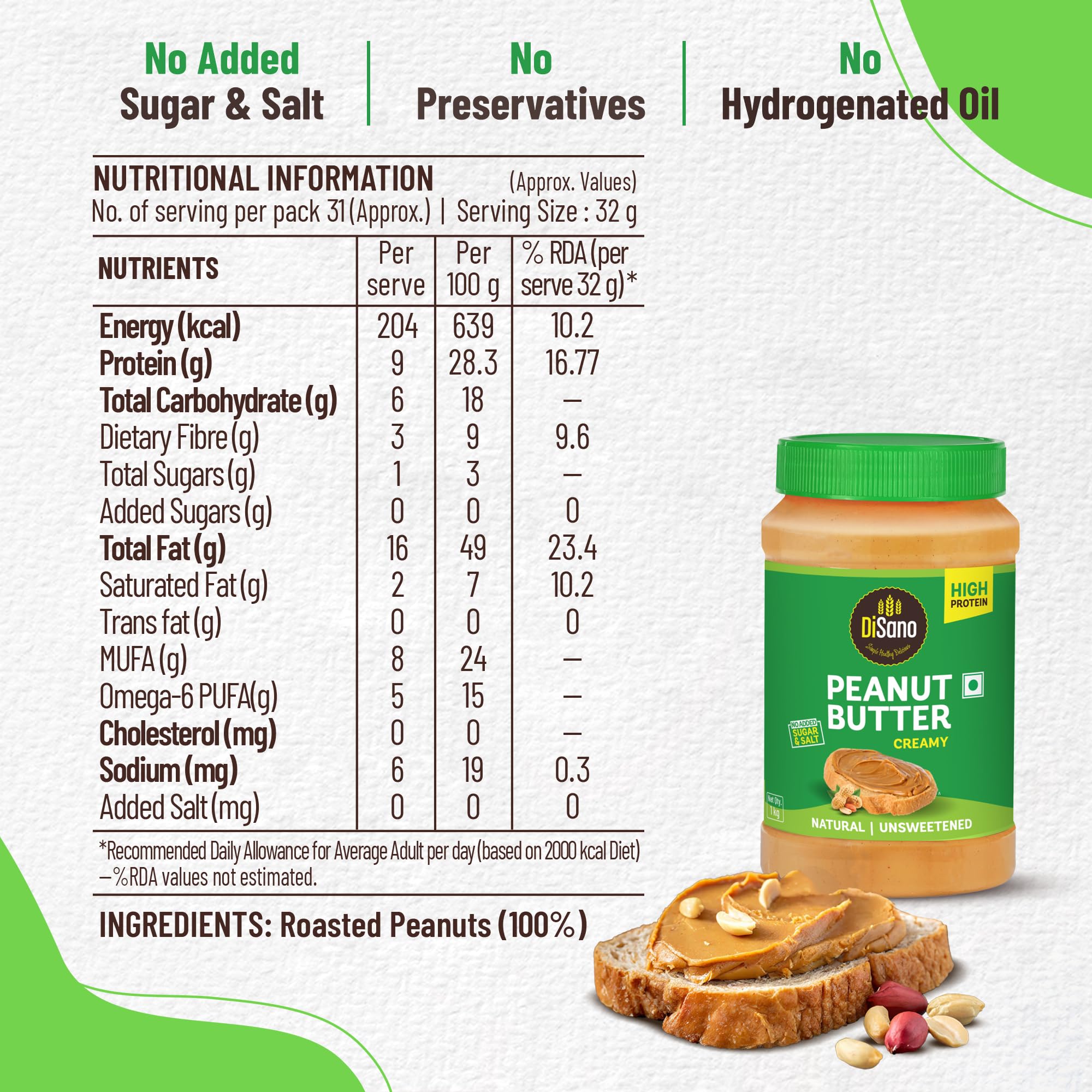 DiSano Natural Peanut Butter Creamy 1kg, Unsweetened, High Protein Peanut Butter with No Added Sugar or Salt, Nut Butter Spread, 100% Roasted Peanuts 4