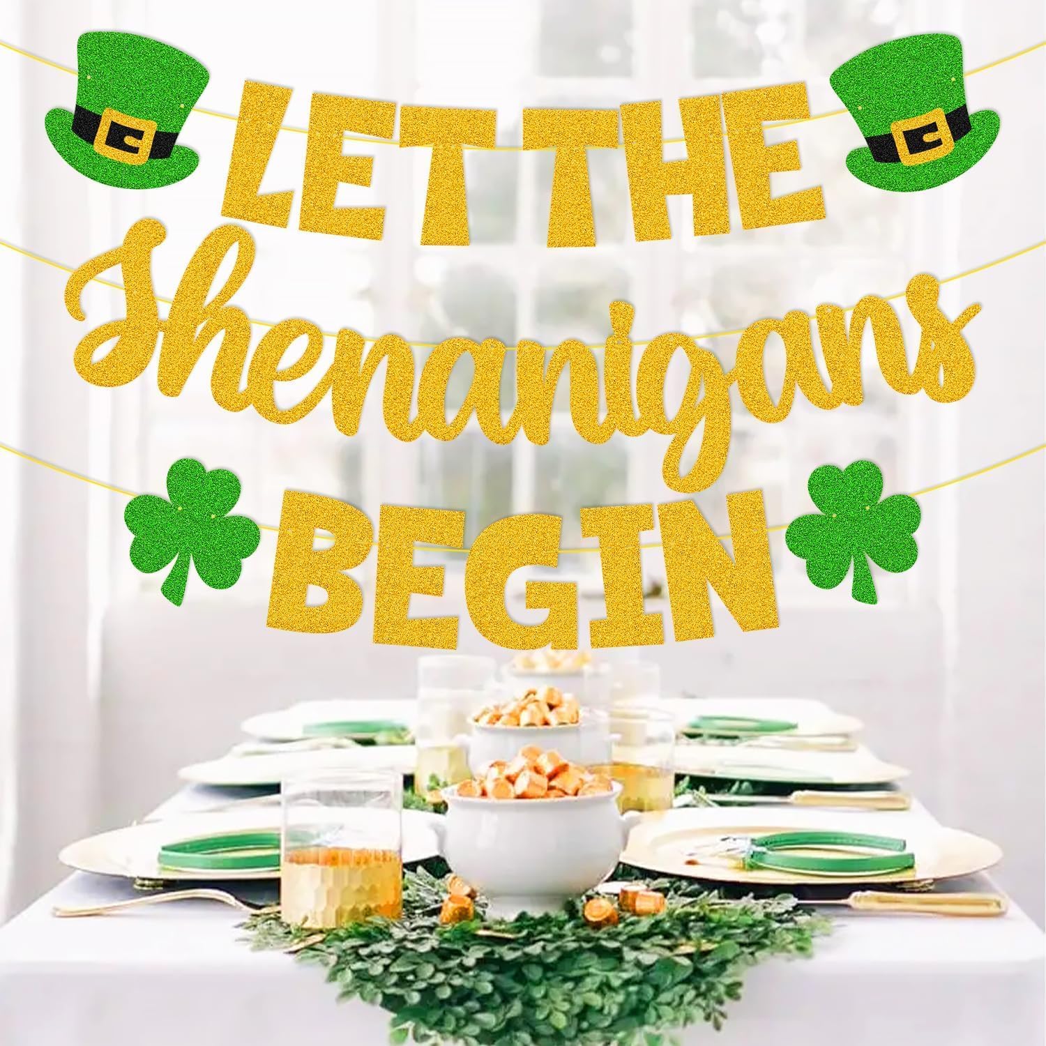 St. Patrick's Day Decoration Let the Shenanigans Begin Banner Shamrock Clover Luck Charm Garland Lucky Pot of Gold Rainbow Party Gold Glitter Supplies