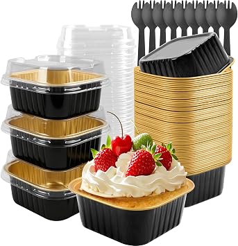 50 Pack 5oz Square Mini Cake Pans with Lids and Spoons,Aluminum Foil Baking Cups,Disposable Mini Loaf Pans Ramekins for Brownie, Cheesecake, Mousse & Wedding Party Favors-Black