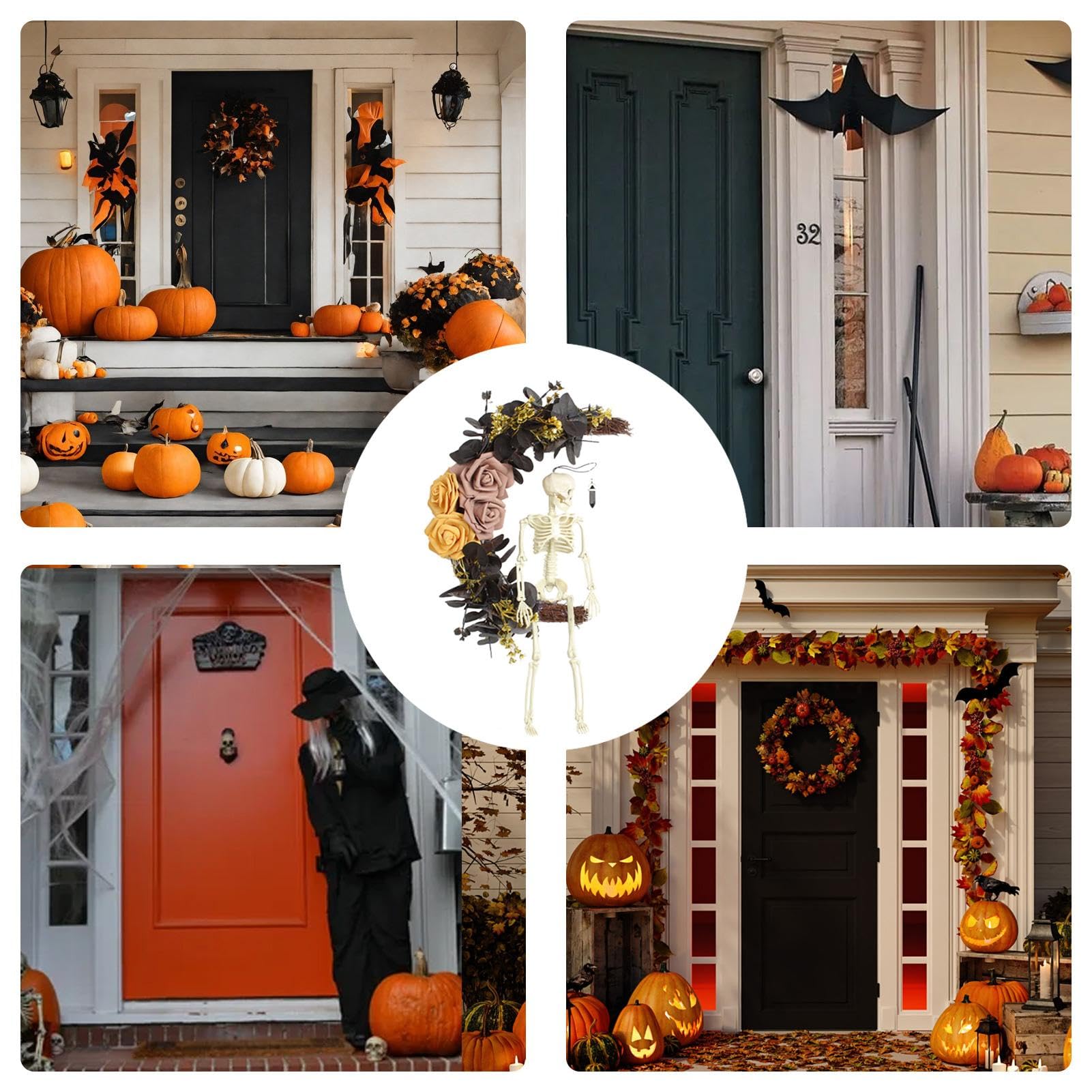 Couronne De Porte Halloween - Lune Avec Chat Noir Et Rose - Déco Gothique Pour Porte, Fenêtre, Intérieur/extérieur