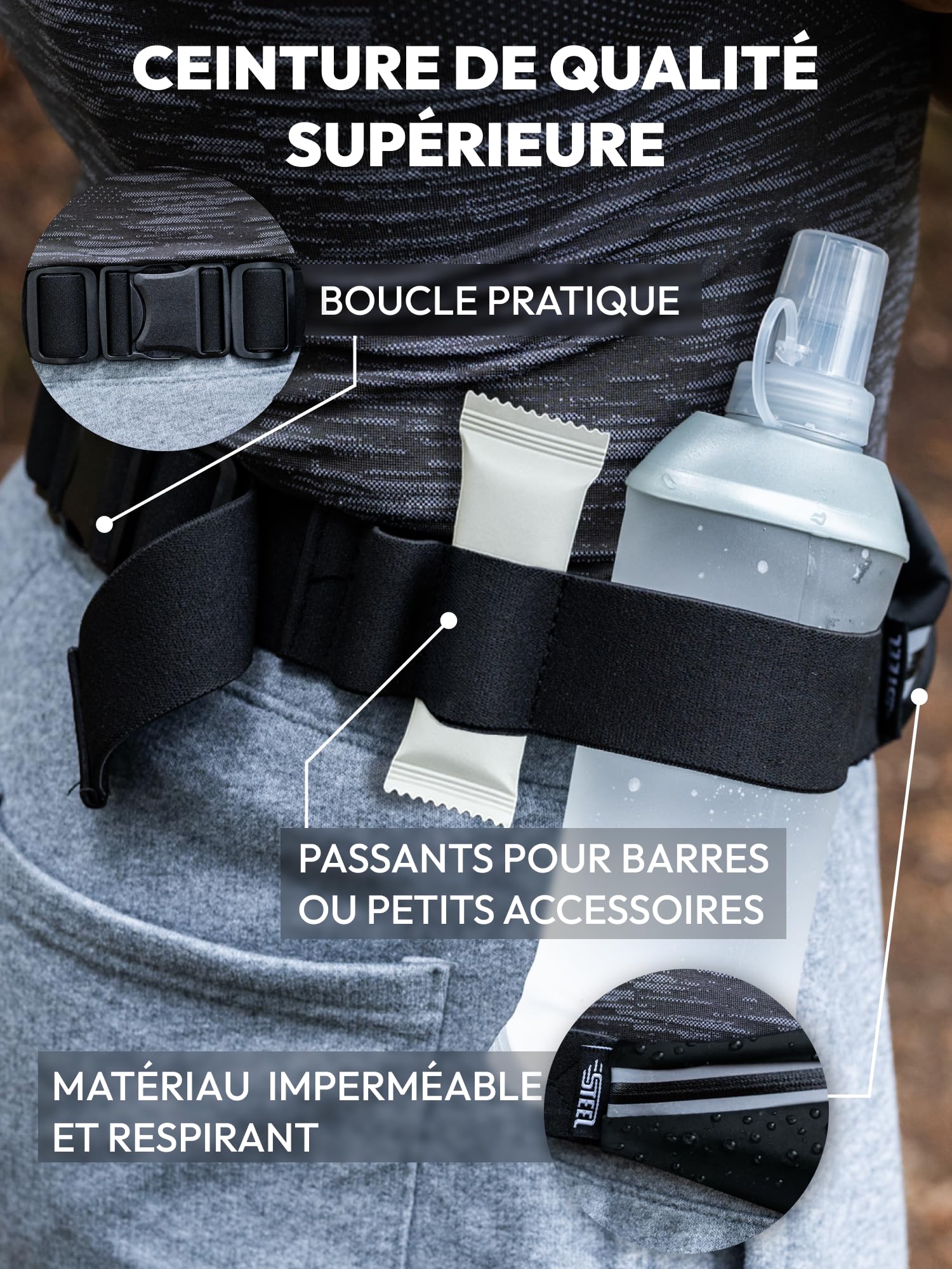 Cinturón Running Running Running – Rendimiento, Práctica y Confort, Bolsa Banana Sport Belt Botella Flexible Porta Bidón Bolsillo Impermeable Hombre Mujer para Smartphone Jogging Marca Francesa, Negro