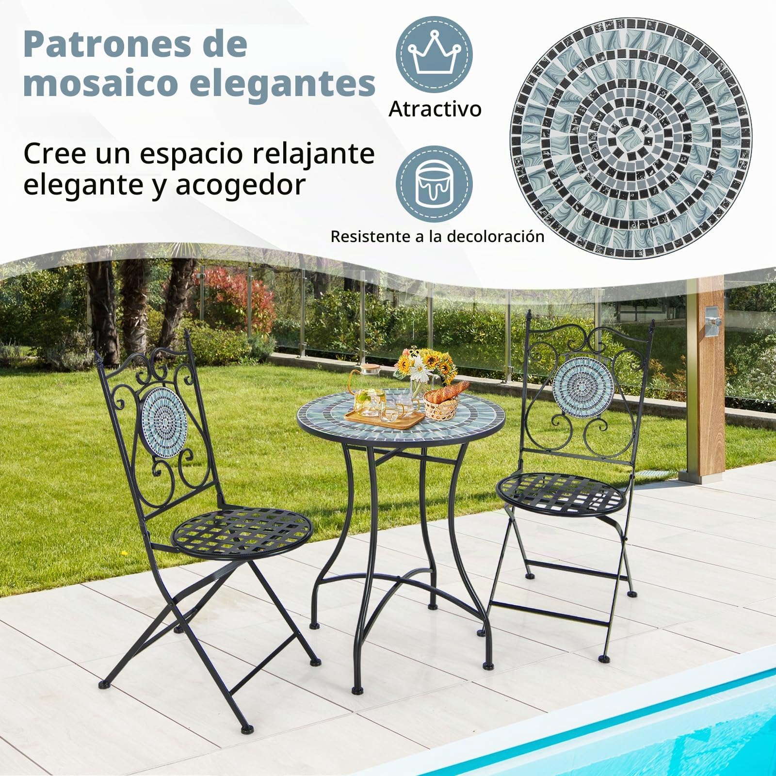 GIANTEX Mesa de Mosaico para Exterior, Mesa Redonda de Patio de Metal Resistente con Atractivo Patrón de Mosaico, Patas Antideslizantes, Montaje Rápido, Mueble Decorativo para Interior y Exterior
