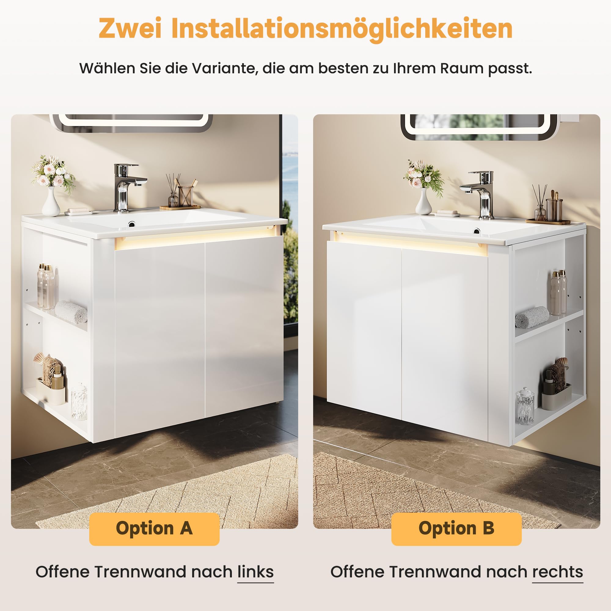 SONNI Badmöbel Set Waschbecken mit Unterschrank 60cm, inkl. Keramikwaschbecken, LED-Lichtleiste, Offenem Fach, Hängend, Grifflos, Hochglanz Weiß, Badezimmermöbel, 60x50x50cm.
