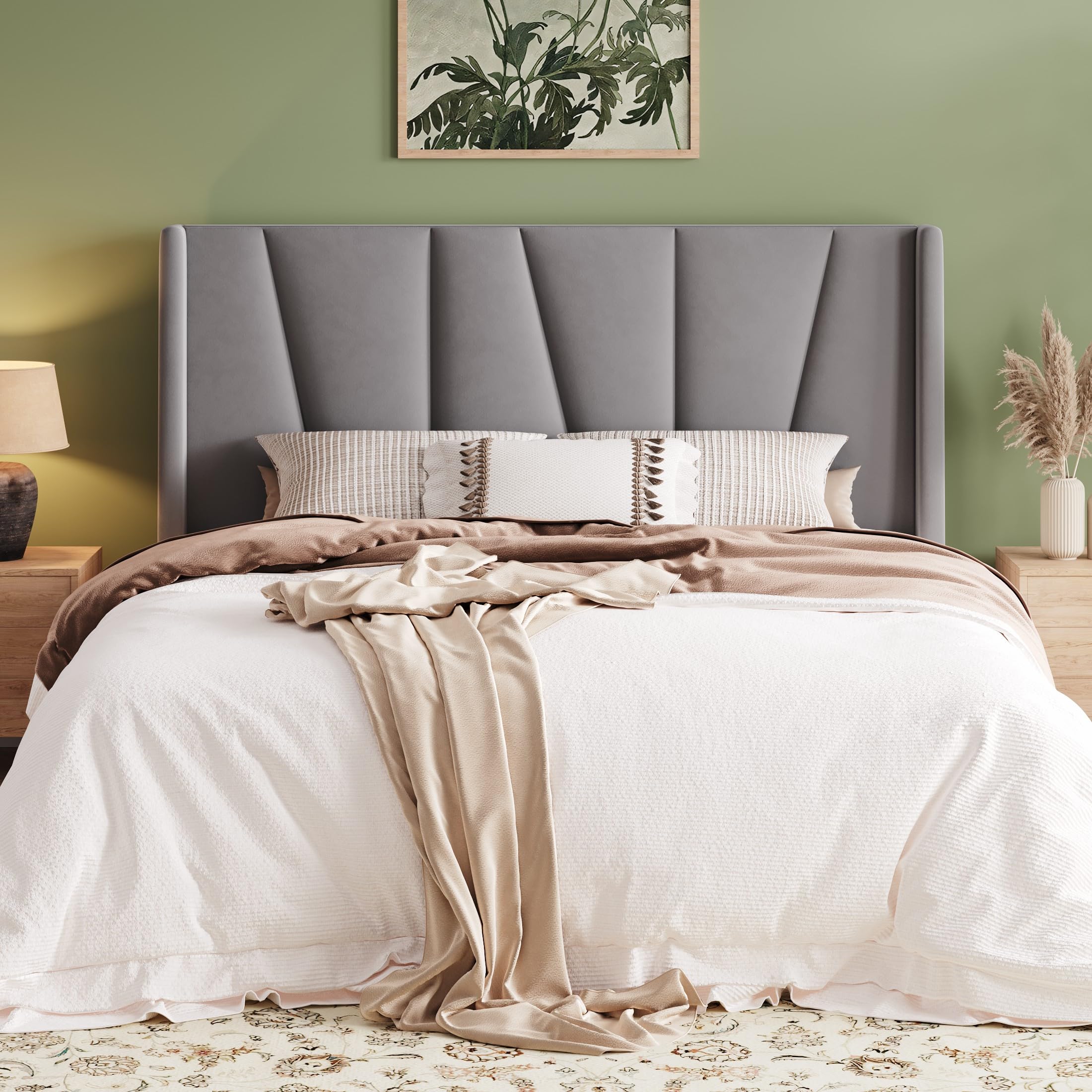 Allewie Queen Size Platform Velvet Bed Frame with Geometric Wingback Headboard, Boho Upholstered Bed with Wooden Slats Support, No Box Spring Needed,