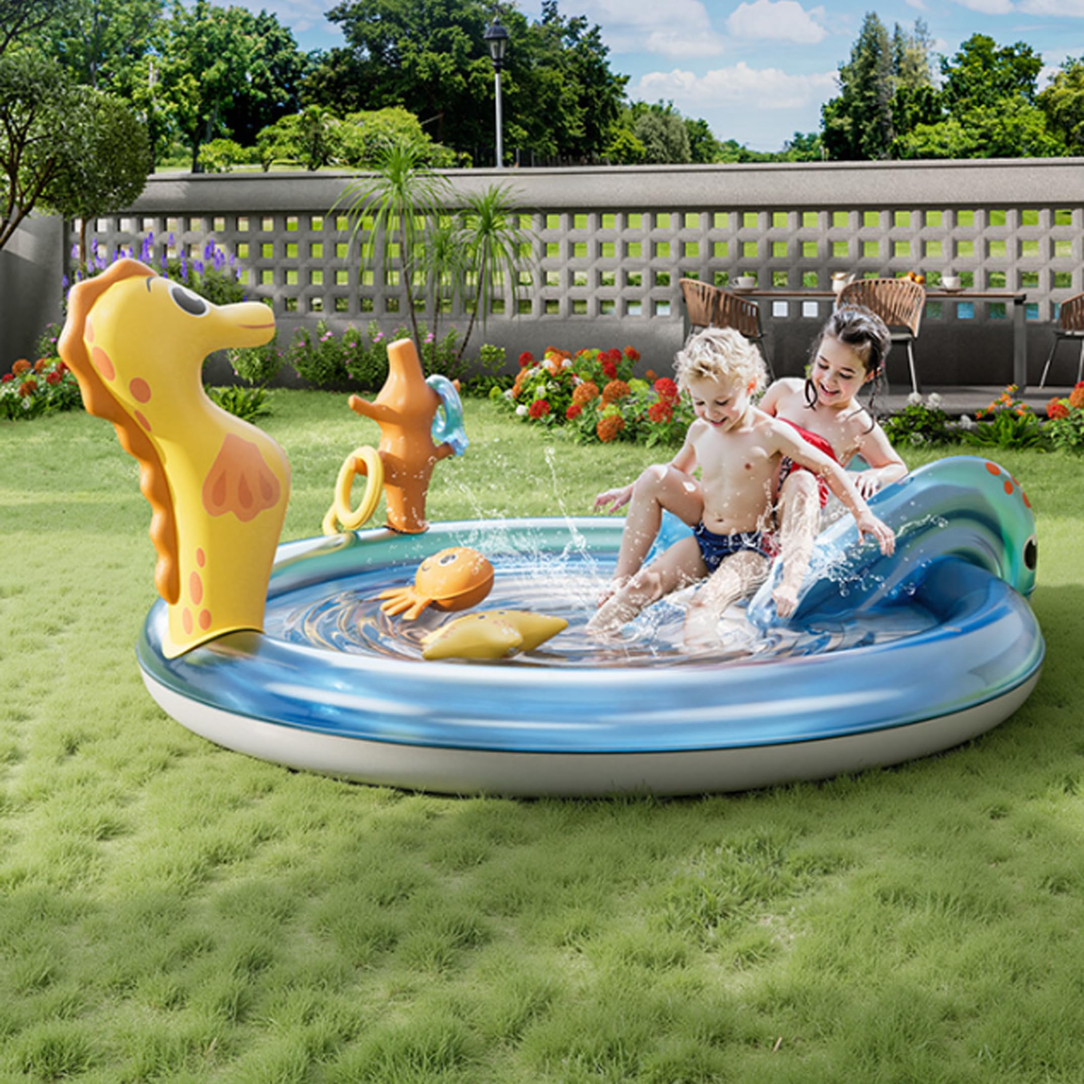 Piscine Gonflable pour Enfants avec Toboggan – Piscine pour Enfants en PVC épais avec arroseur intégré, Grand imprimé Animal Marin pour s'amuser en Plein air