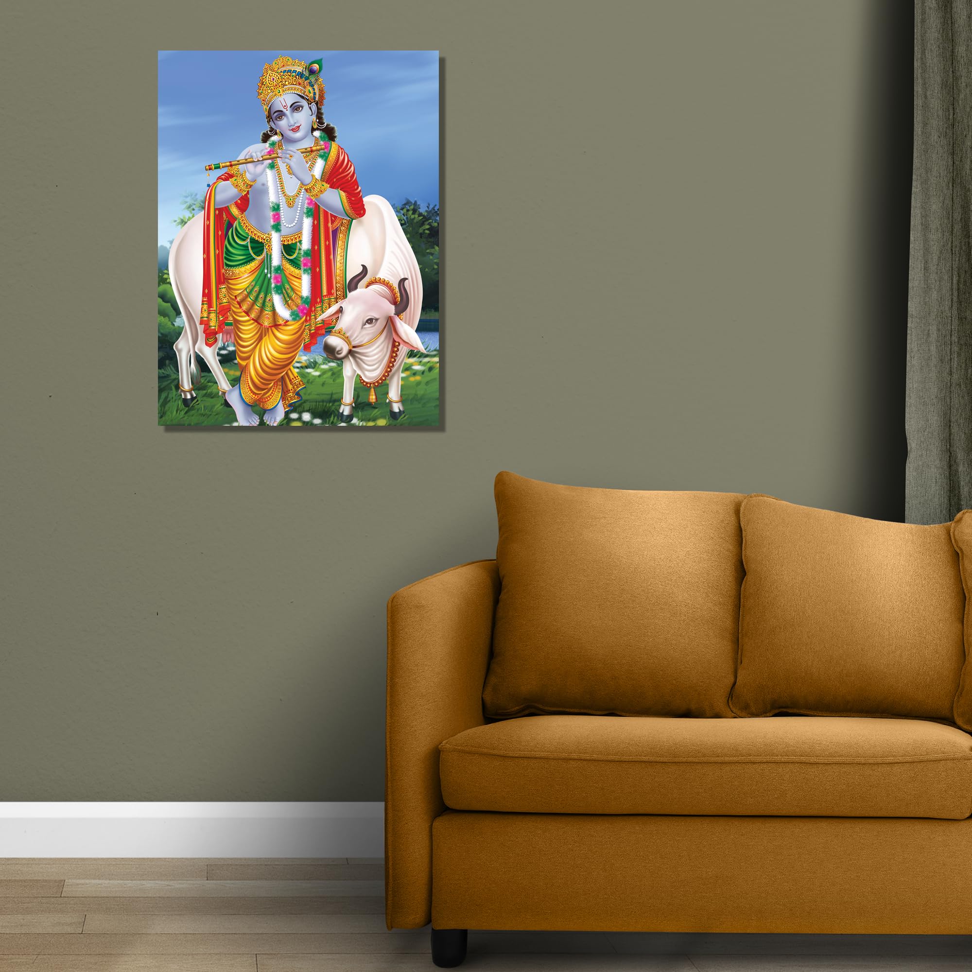 Wanddekoration „Lord Krishna With Cow“ Auf Samtstoff, 20x28 Zoll (ca. 51x71 Cm) – Ungerahmt, Indische Hindu-Kunst