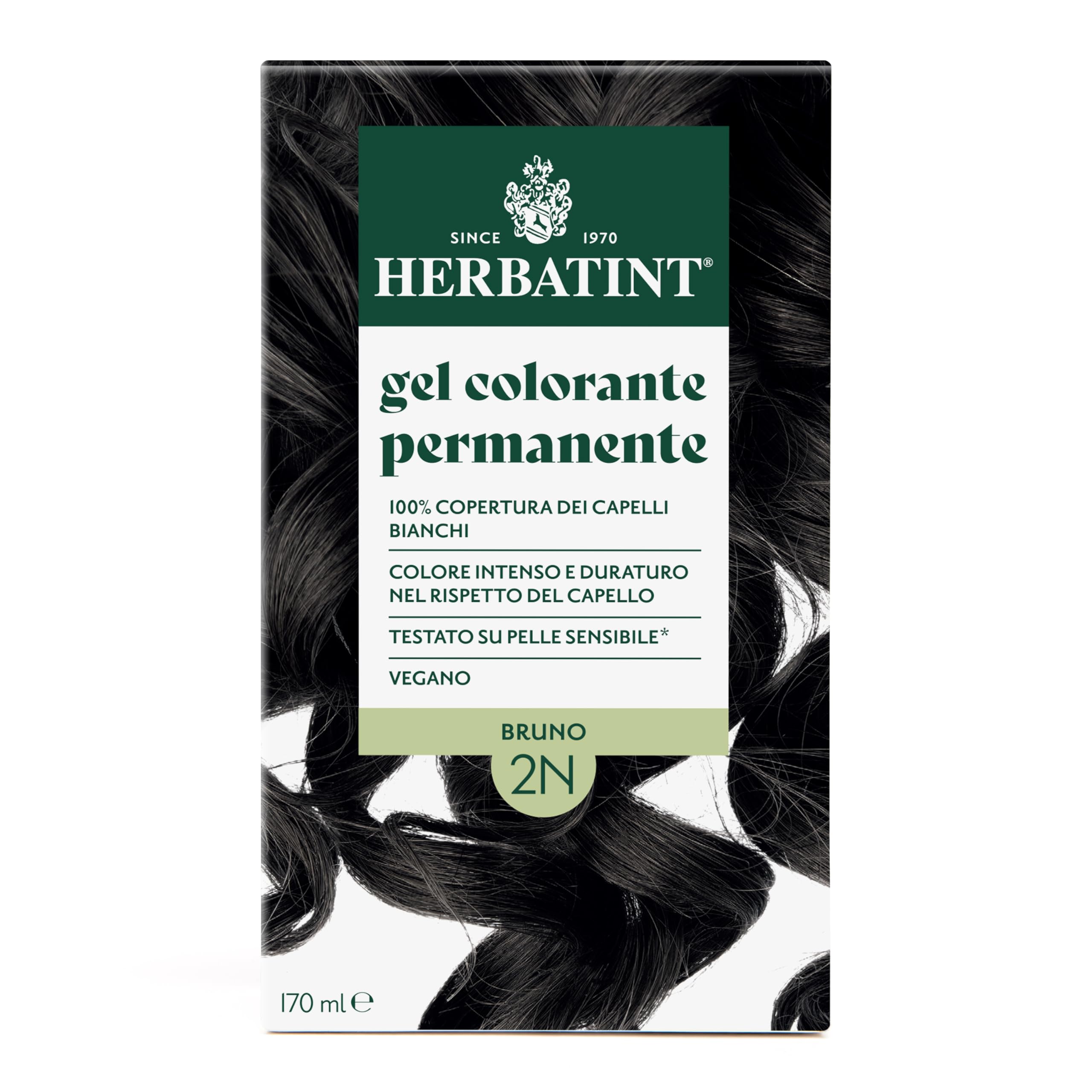 Herbatint Trwały żel do farbowania włosów 2N brązowy - 170 ml | bez amoniaku, 100% białe włosy | dla wrażliwej skóry, z 8 naturalnymi ekstraktami organicznymi