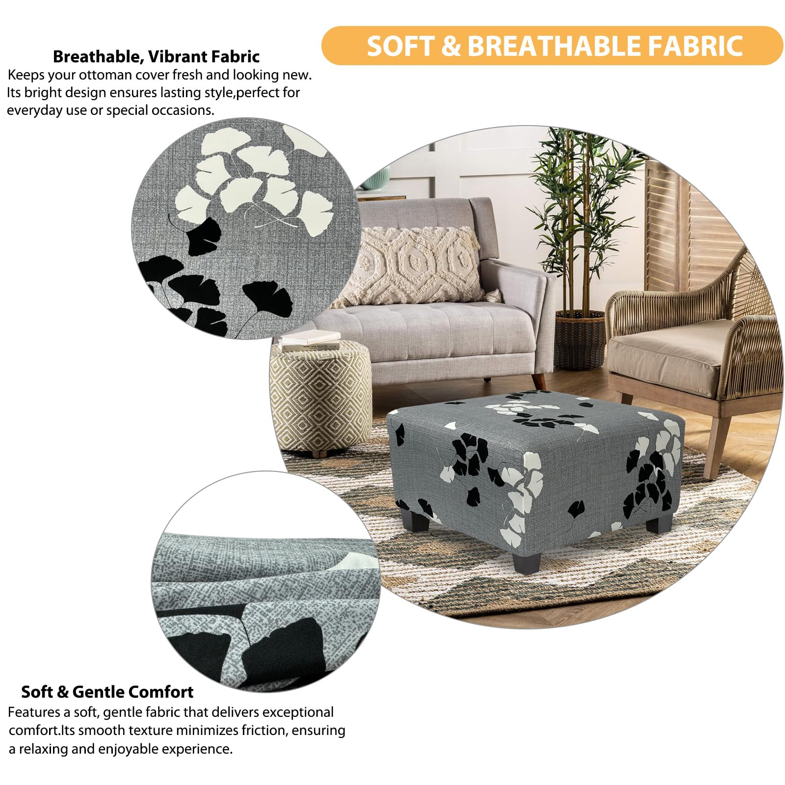 Housse Extensible Pour Pouf Carré 35x35 à 40x40 Cm - Tissu Jacquard Blanc Cassé, Fond élastique Anti-dérapant - 3