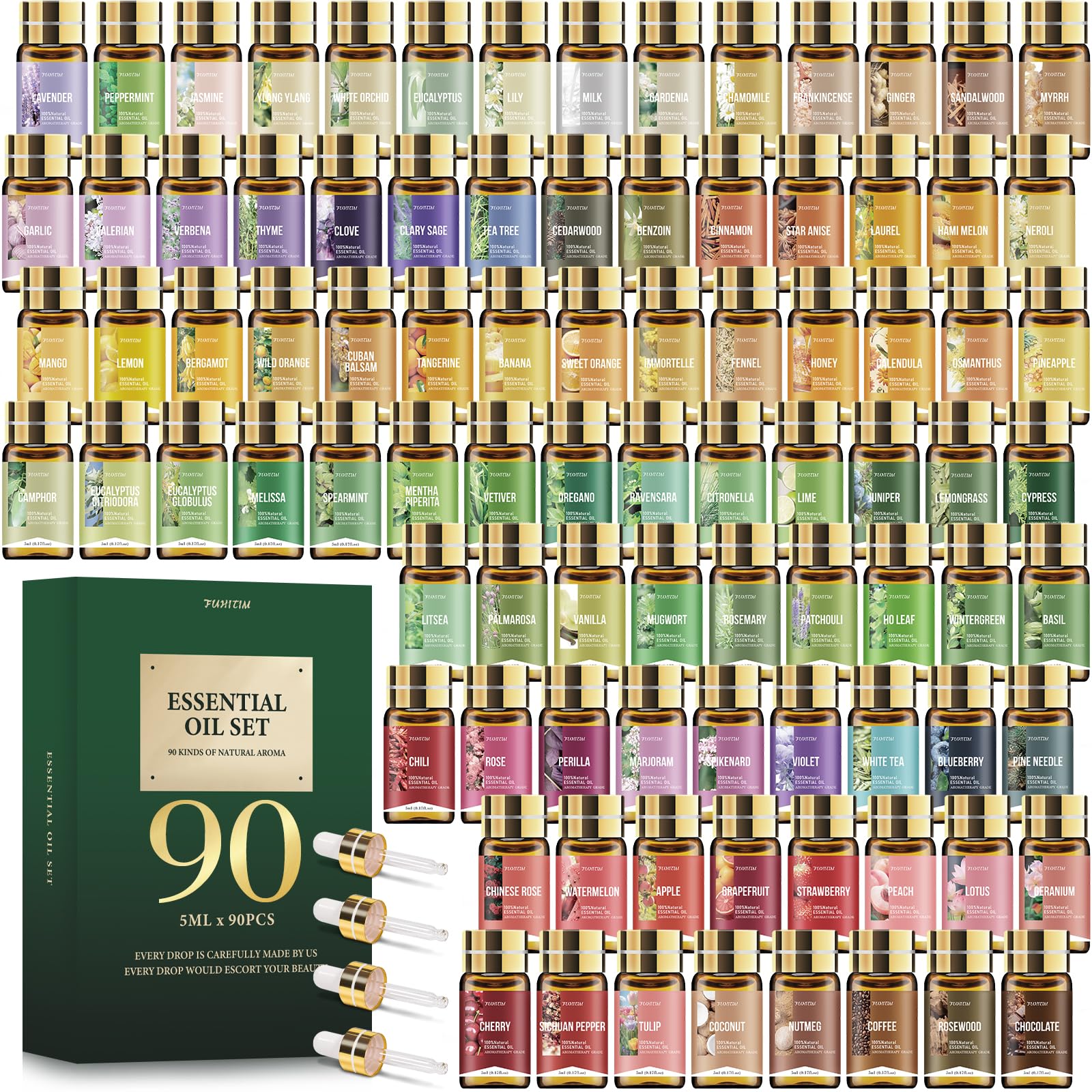90 Pcs Essential Oil Set -100% Natural Essential Oils- Perfect for Diffuser, Massage,Soap, Candle Bath Bombs Making, 90x5 ML (0.17oz)
