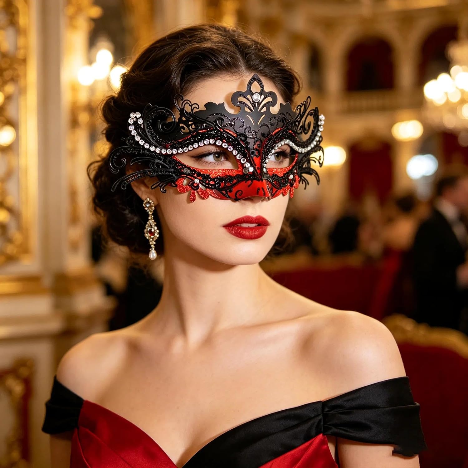 MYSEUNI 2025 Masquerade Masks for Couples, Shiny Rhinestone Metal Filigree Venetian Mask & Mens Venetian Mask for Mardi Gras