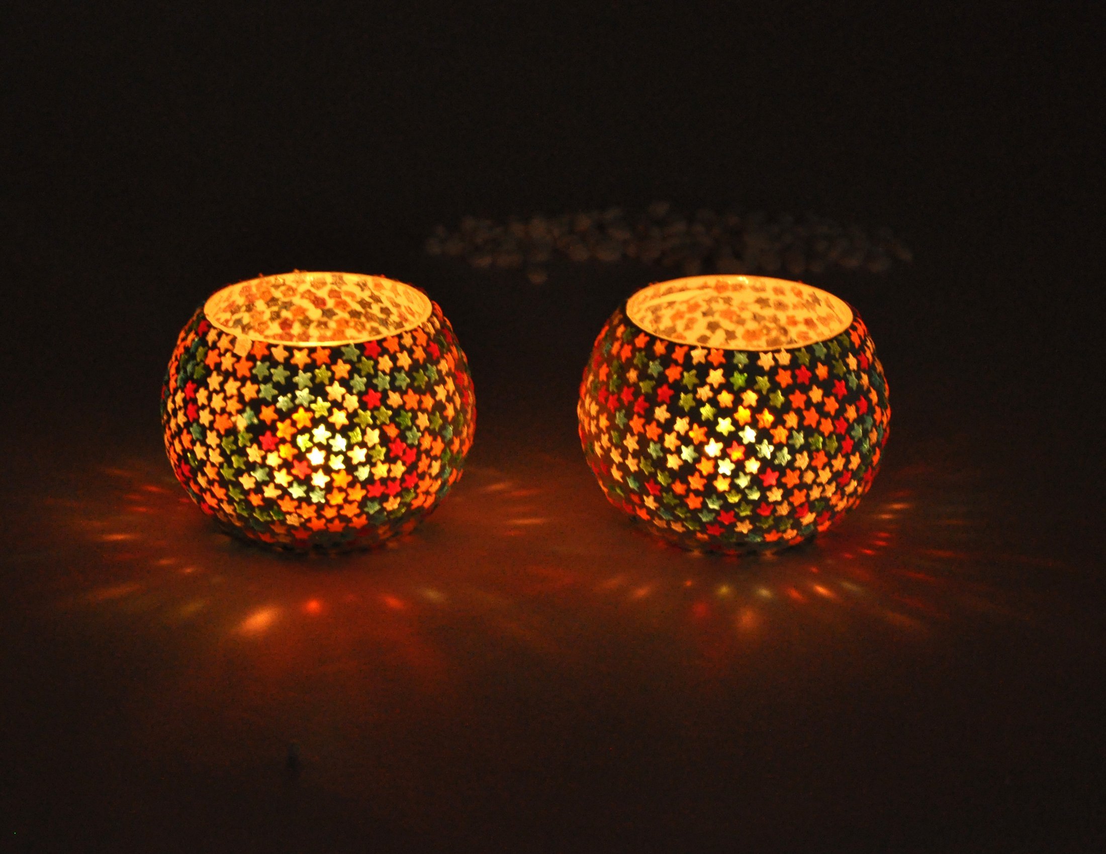 TIED RIBBONS Pack of 2 Turkish Mosaic Glass Votive Tealight Candle Holders - Decorations Items for Table Home Decor (Glass, Multi Color) - Christmas Decorations Items for Home Office - Gifts