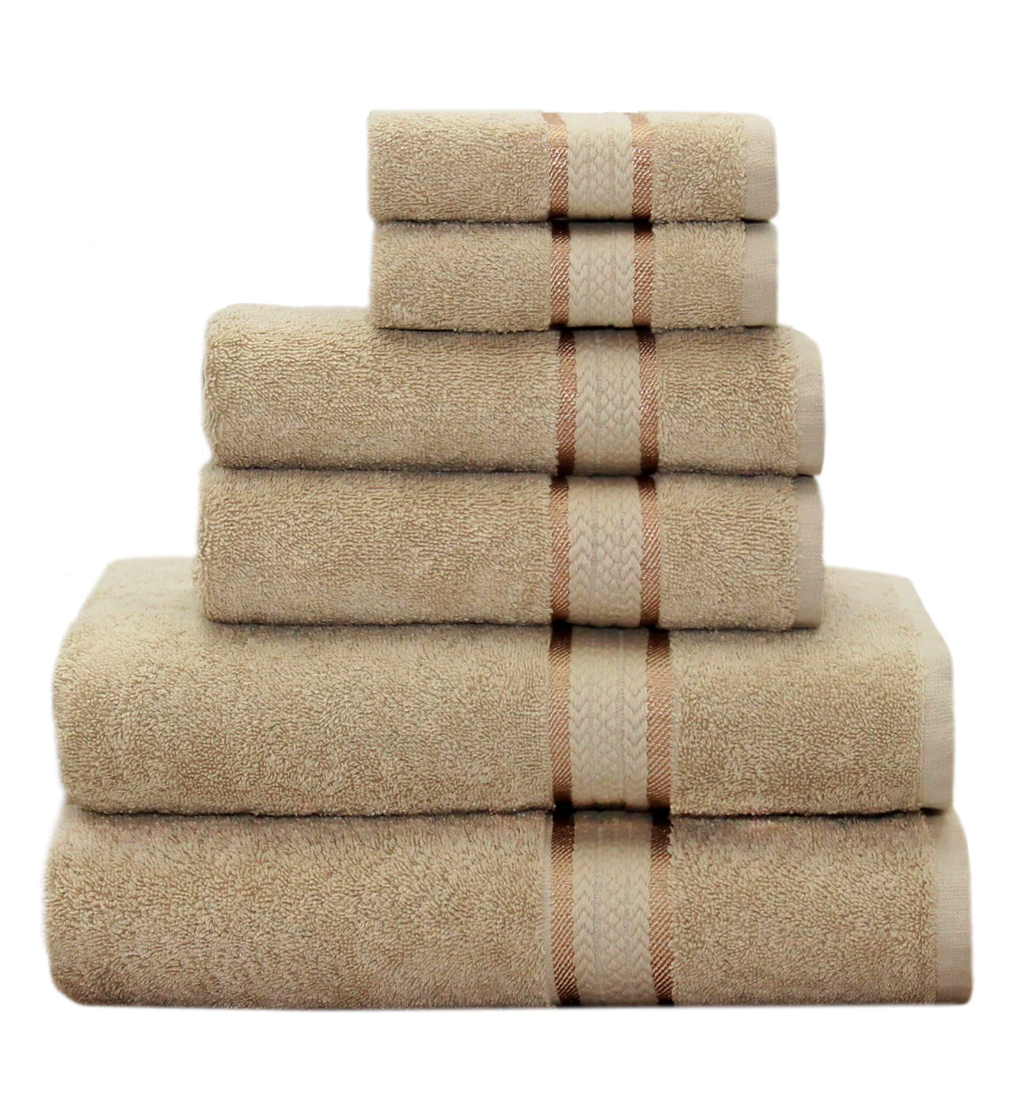 COTTON CRAFTUltra Soft 6 Piece Towel Set Linen, Luxurious 100% Ringspun Cotton, Heavy Weight & Absorbent, Rayon Trim - 2 Oversized Large Bath Towels 30x54, 2 Hand Towels 16x28, 2 Wash Cloths 12x12