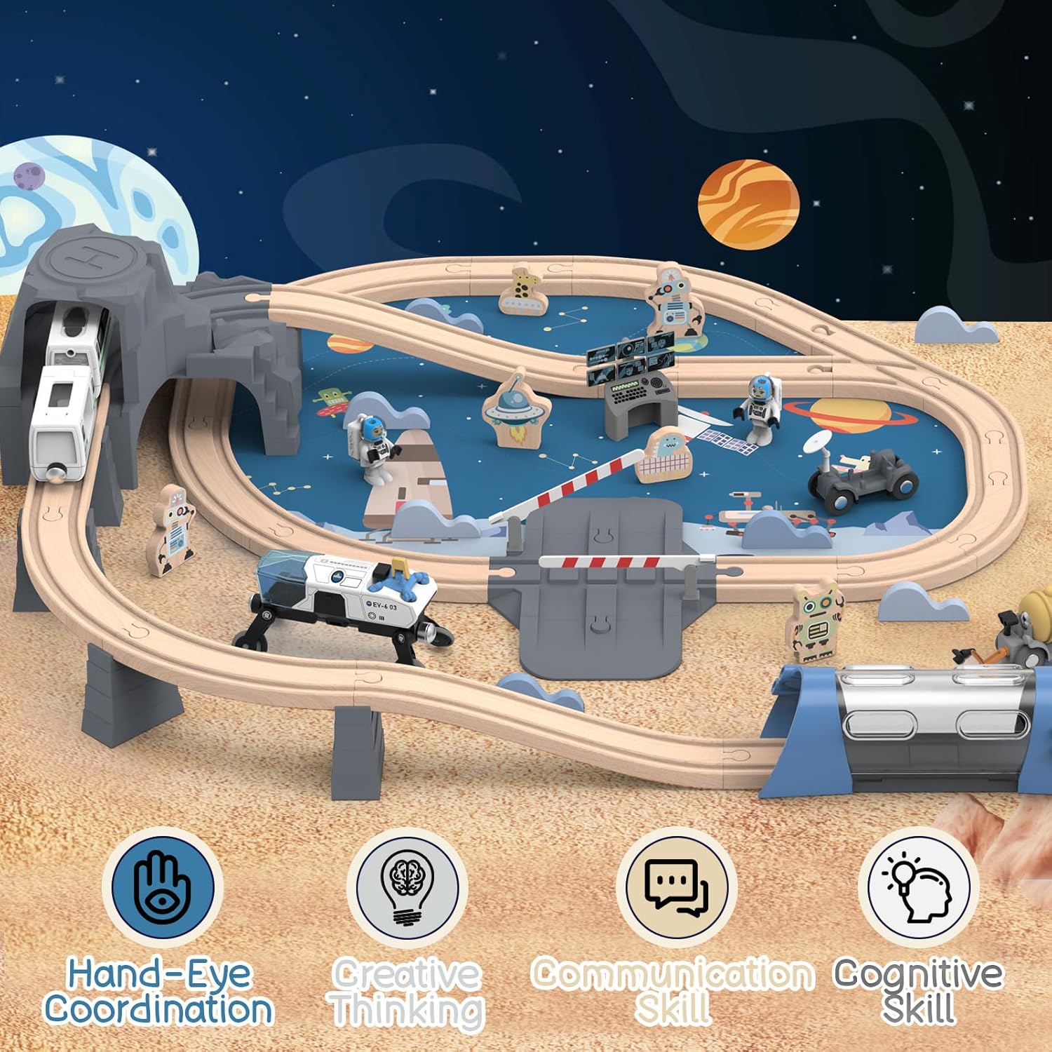 82 PCS Wooden Train Set for Toddlers, Space Train PlaySet with Tracks, Compatible Major Brands, Toy for Kids Ages 3+ - Image 2