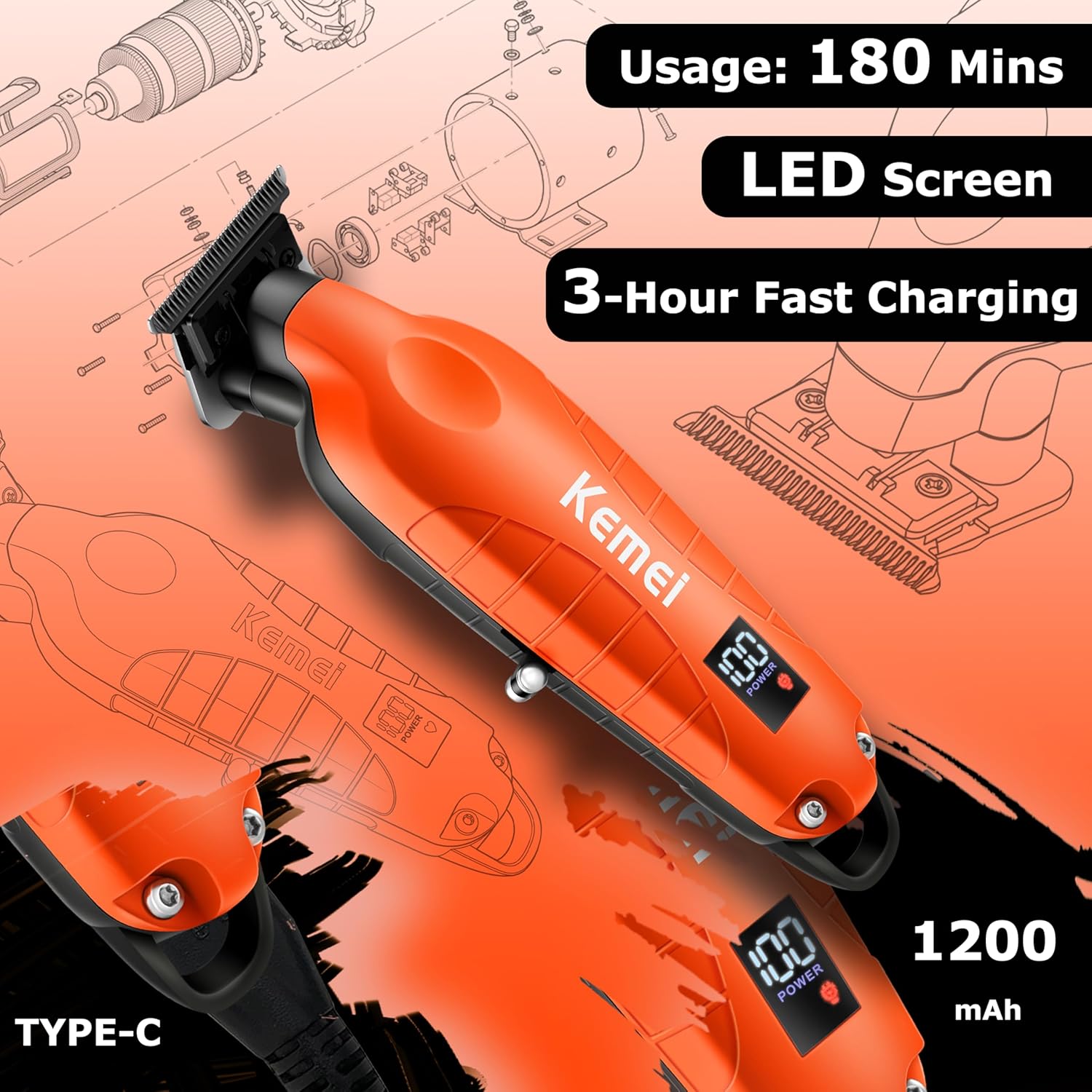 KEMEI 2293 Zero Gapped Hair Trimmer for Men, Cordless T Blade Beard Trimmer with LED Display, Professional Barber Hair Clippers, Orange