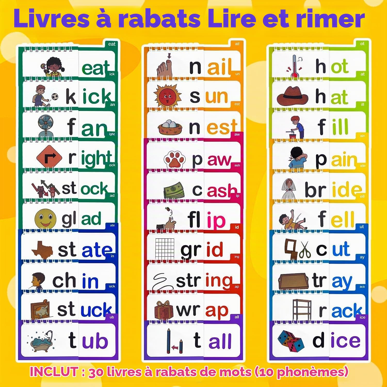 30pcs Reading Rhyme Flip Book, Word Family Flip Book, éducatif Visual Word Carte for Preschool Learning Lire Lire adapté aux Enfants et à l'enseignement en Classe